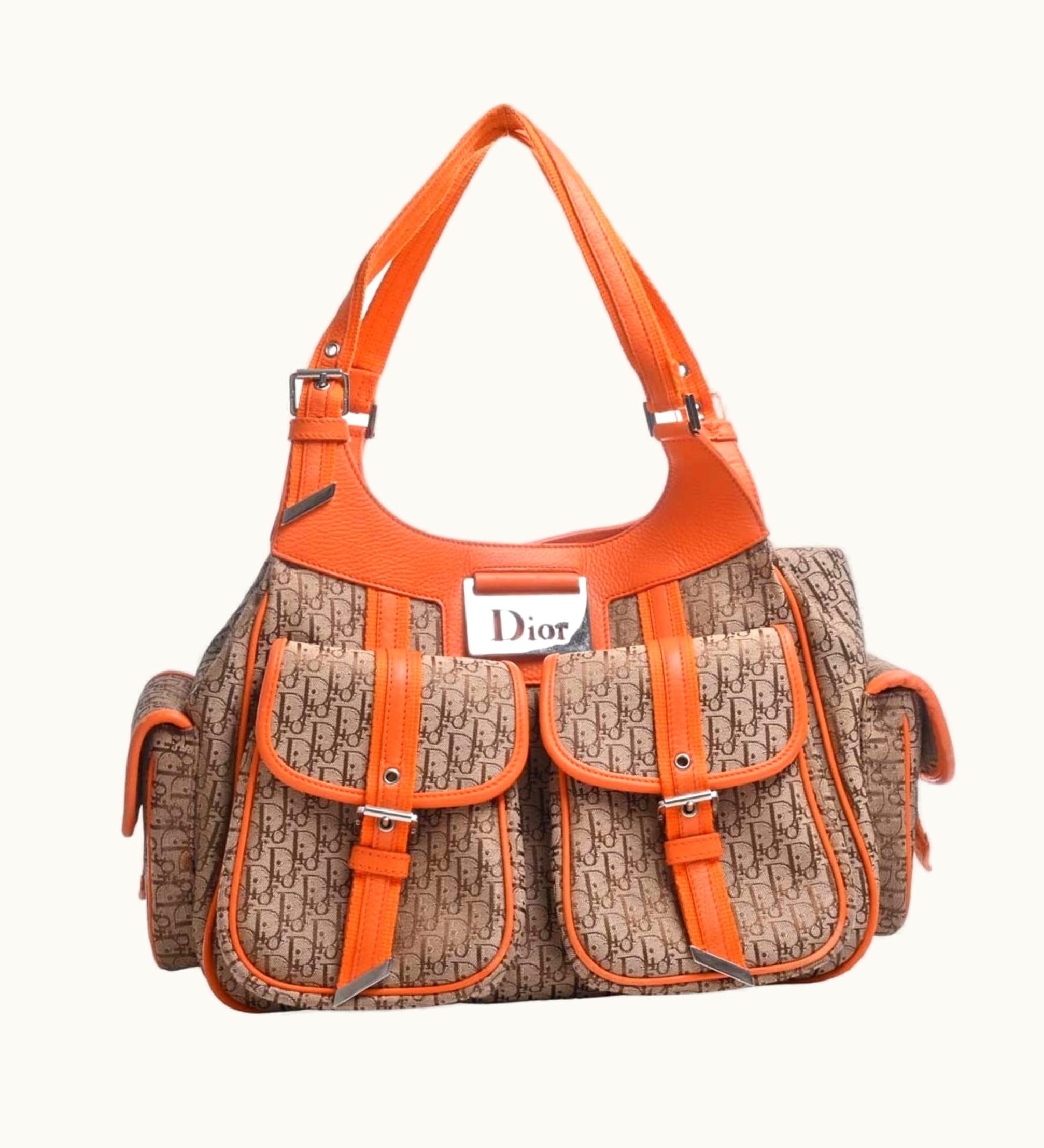 Dior Dior Christian Dior Trotter Canvas Handbag Beige/Orange Women's