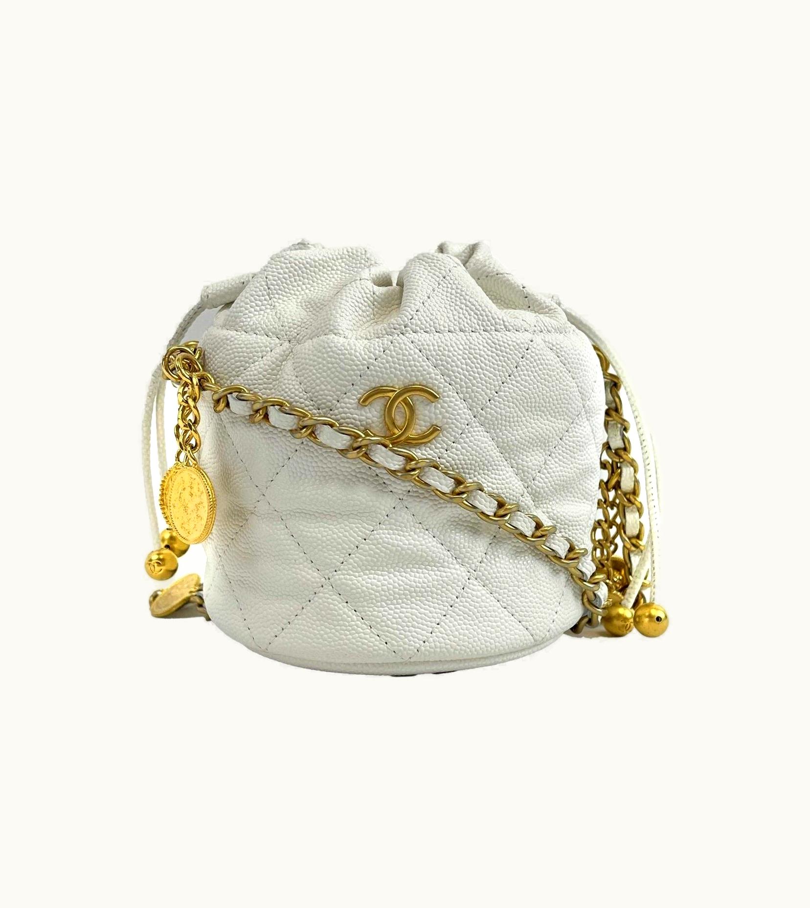 Chanel Chanel - New Mini Bucket Bag - White Caviar Leather / Gold 10 Coins CC Crossbody