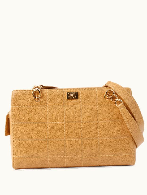 Chanel Chanel Around 2001 Made Caviar Skin Square Turn-Lock Chocolate Bar Shoulder Bag Beige