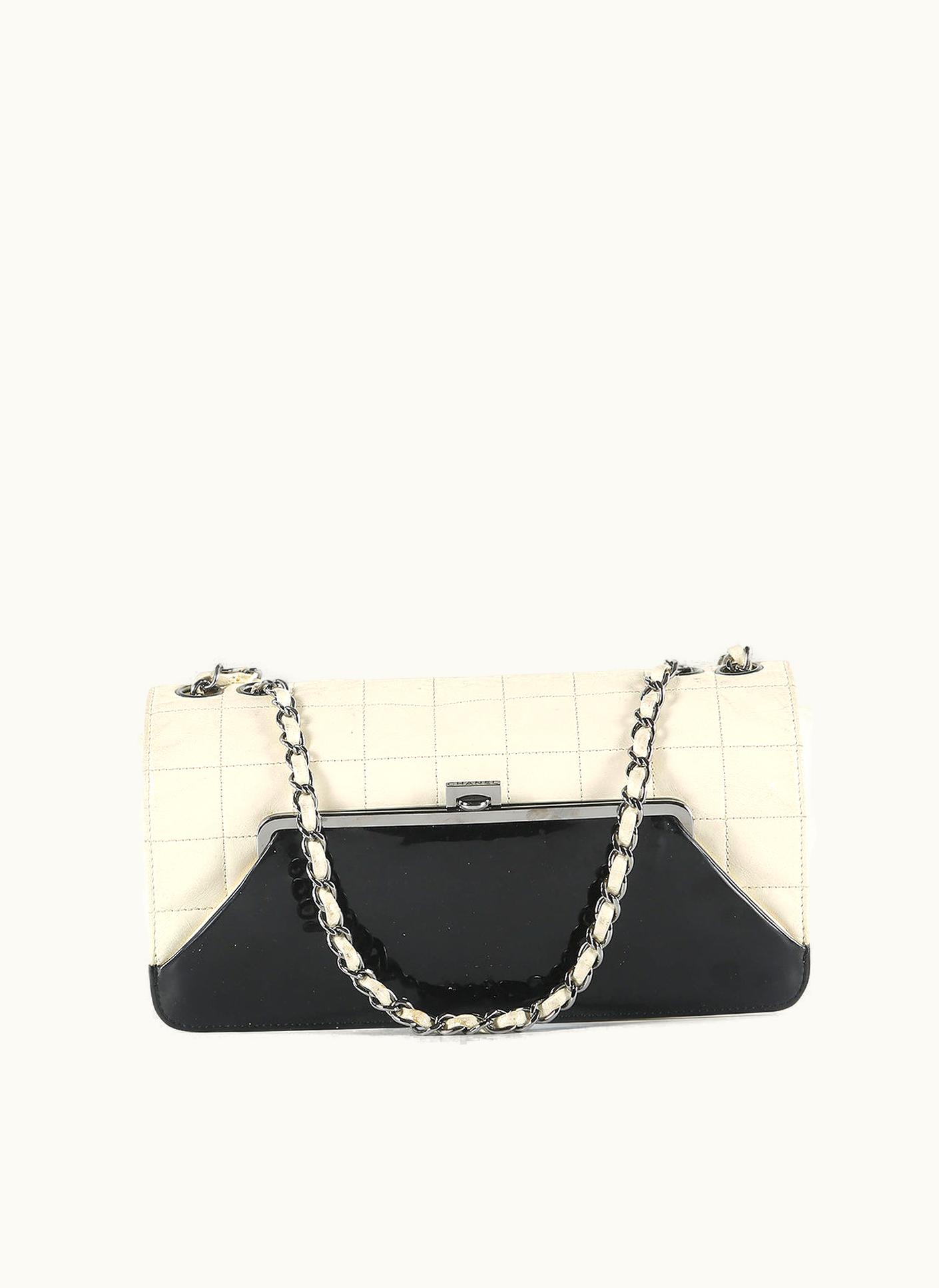 Chanel Chanel White Quilted Lambskin Leather With Black Patent Leather Kiss-Lock Flap Bag