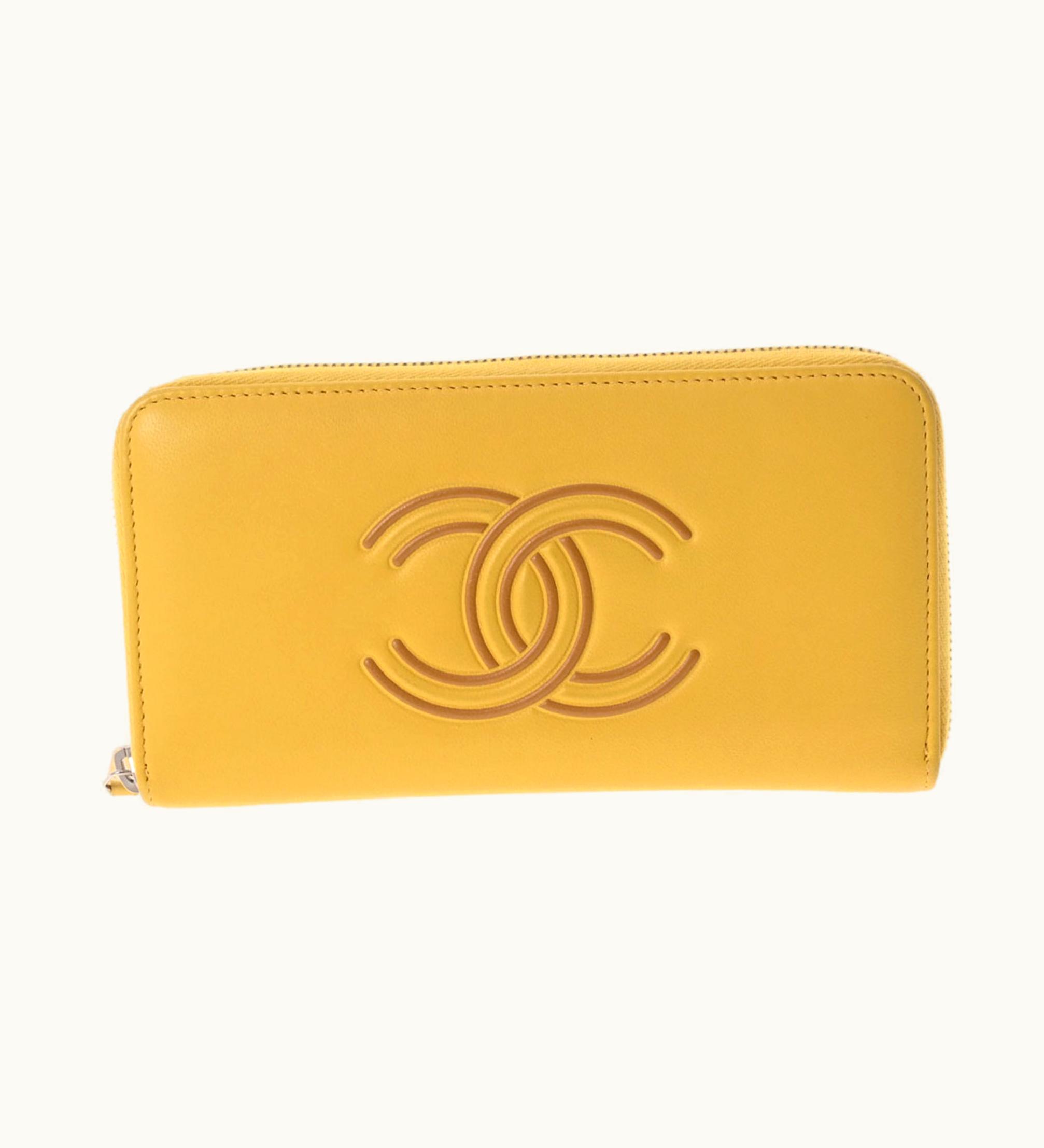 Chanel Chanel Here Mark Round Wallet Yellow Ladies Lambskin Long