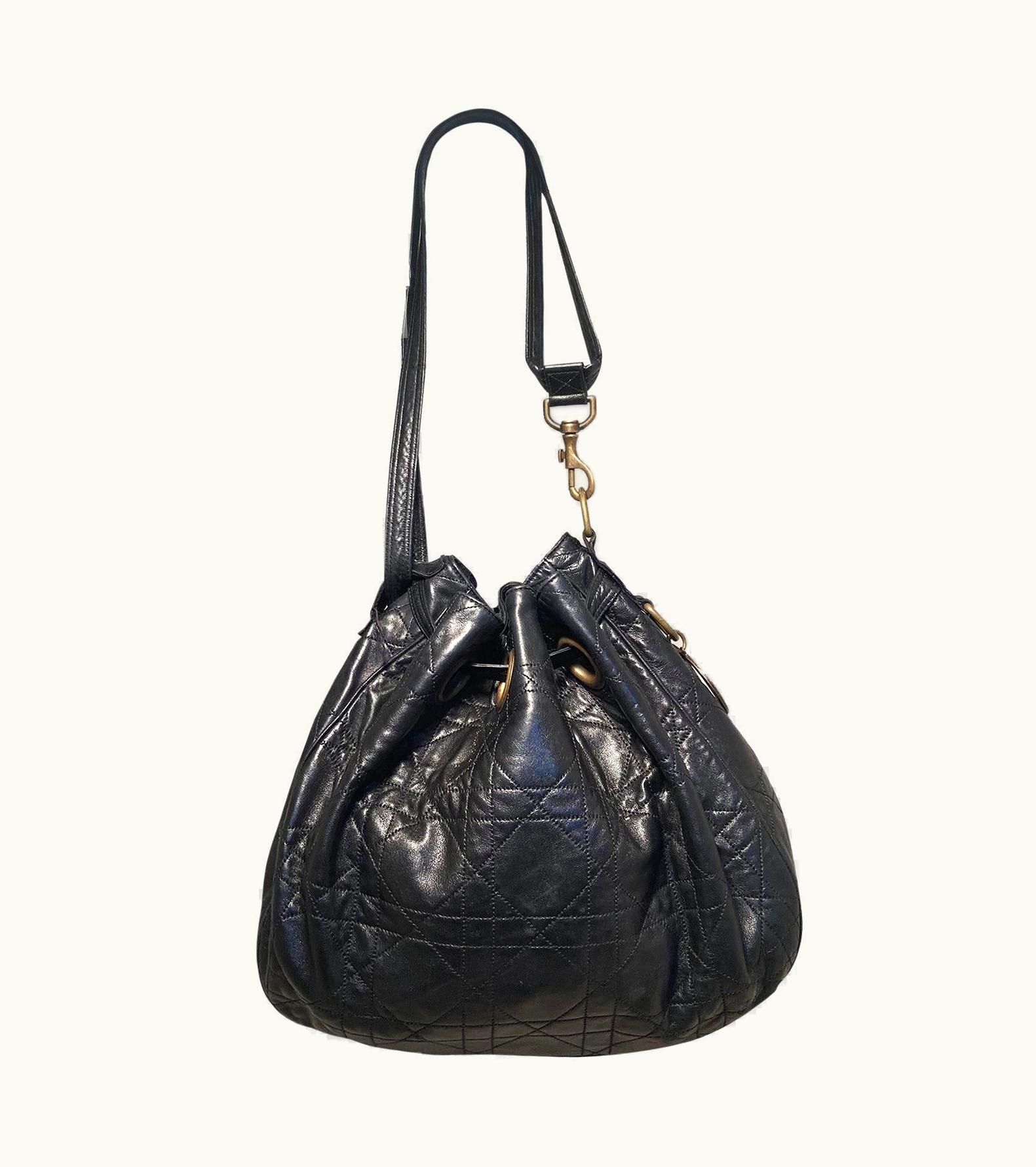 Dior Dior Christian Dior Black Leather Cannage Drawstring Shoulder Bag