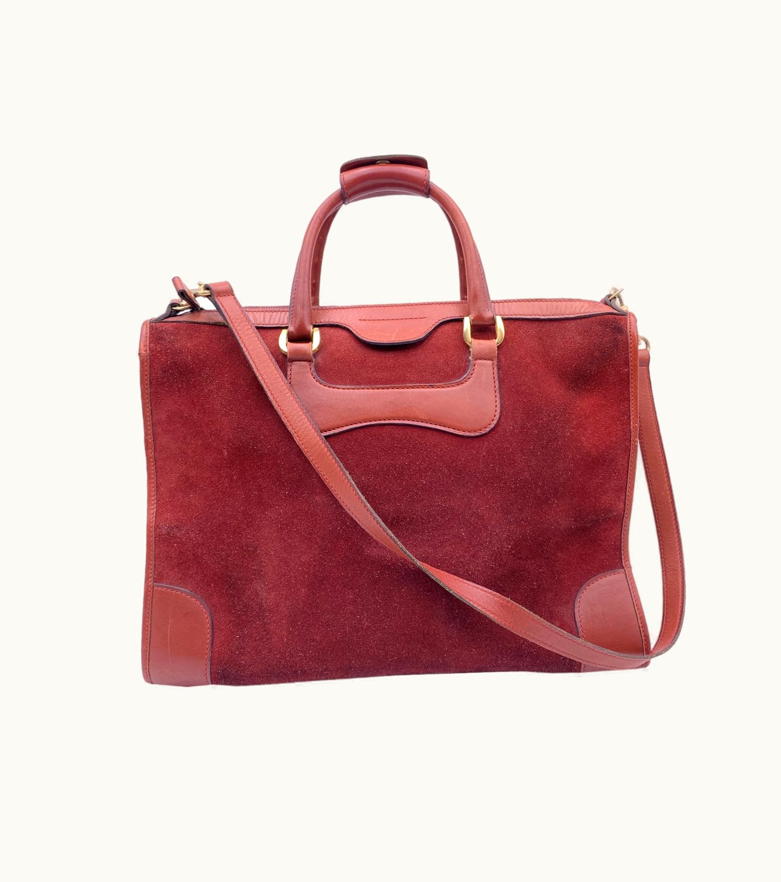 Gucci Gucci Vintage Burgundy Suede And Leather Tote Satchel With Strap