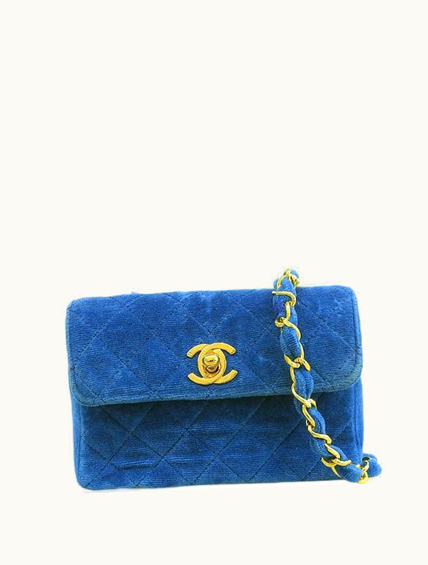Chanel Chanel Around 1990 Made Velvet Turn-Lock Mini Chain Bag Blue