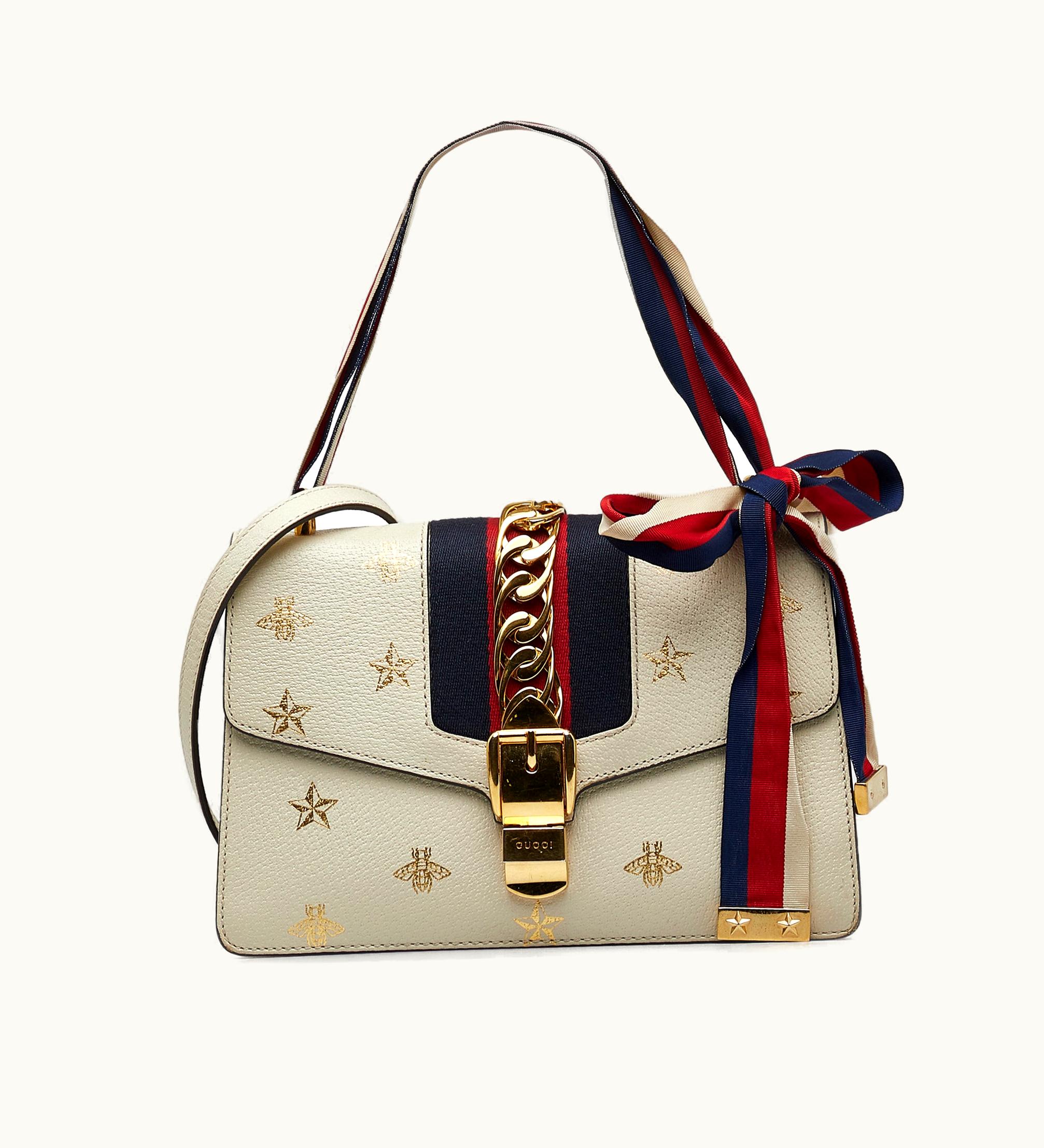 Gucci GUCCI Sylvie Small Bee Star Leather Crossbody Bag Black