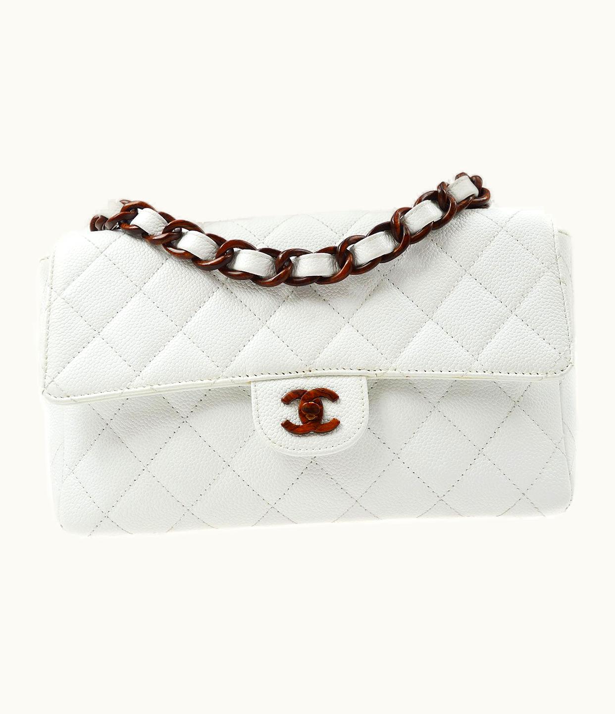 Chanel Chanel 1997-1999 Wood Chain Classic Flap Medium White Caviar Ao28840