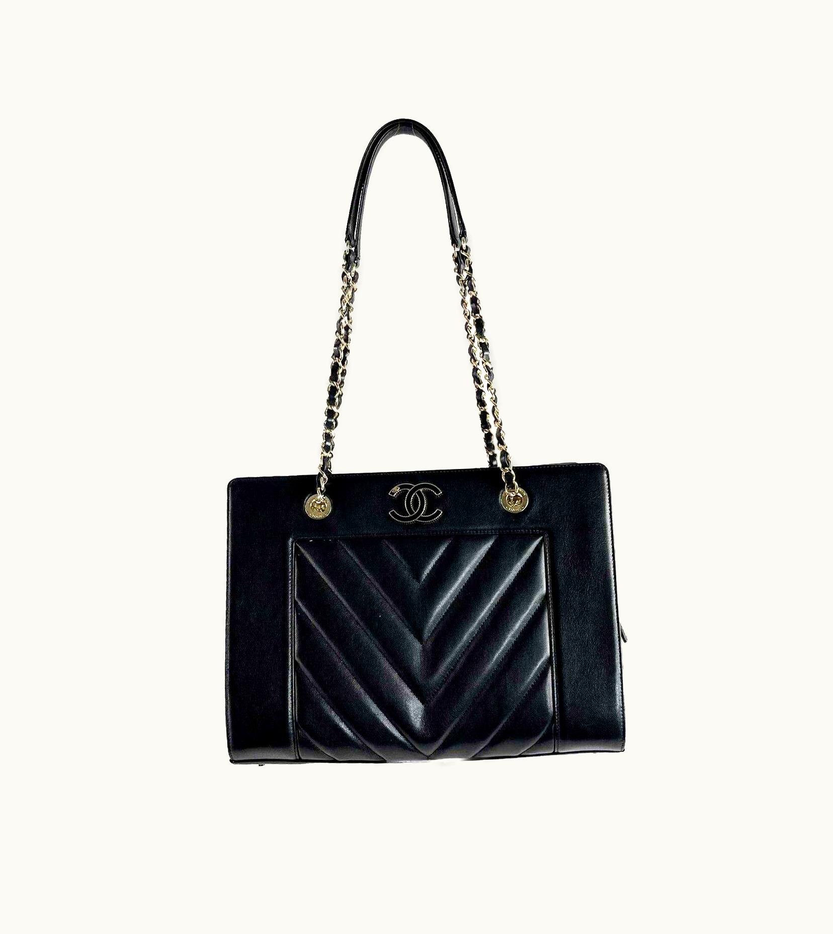 Chanel Chanel - Mademoiselle Large Shopping Tote -Black Leather CC Chevron Shoulder Bag