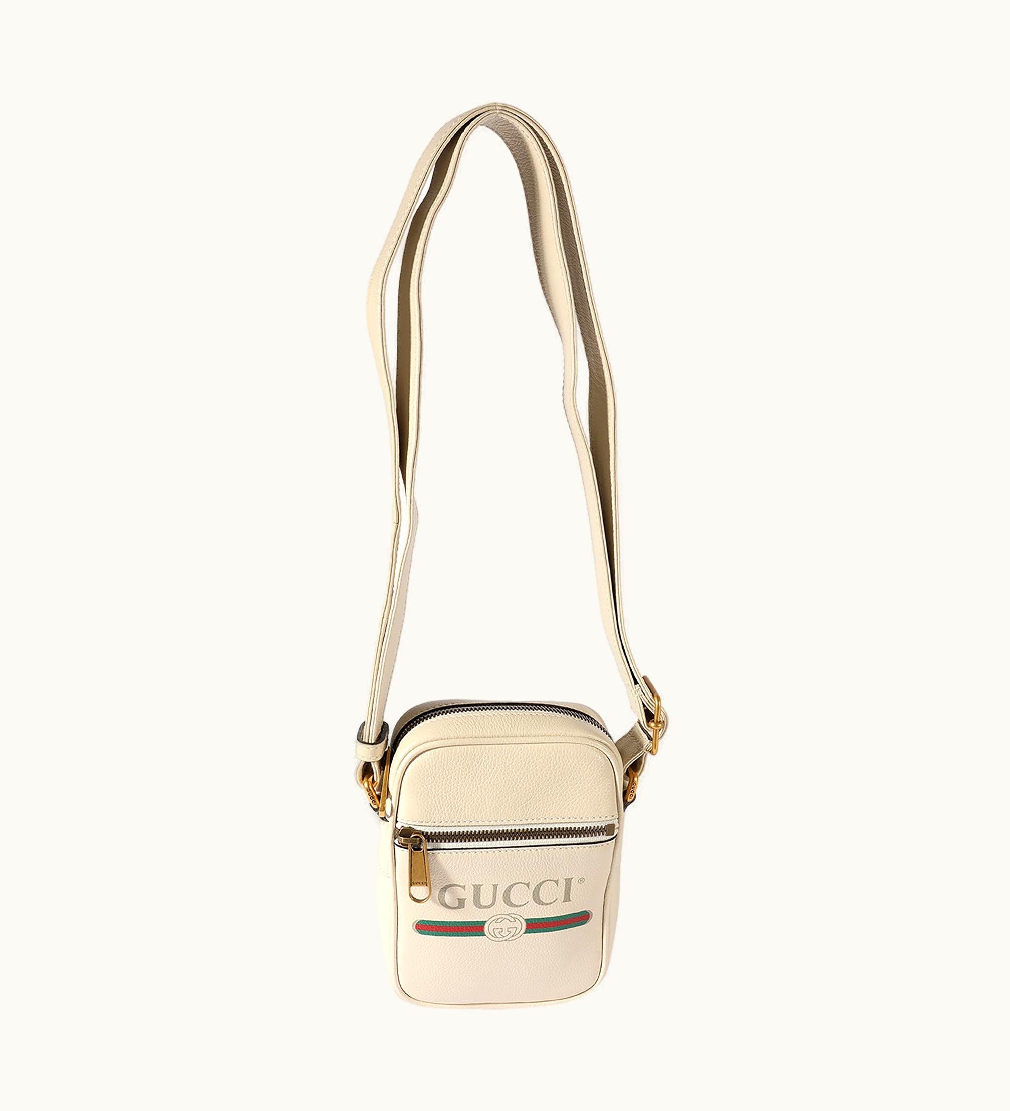 Gucci Gucci White Grained Leather Logo Print Camera Crossbody Bag