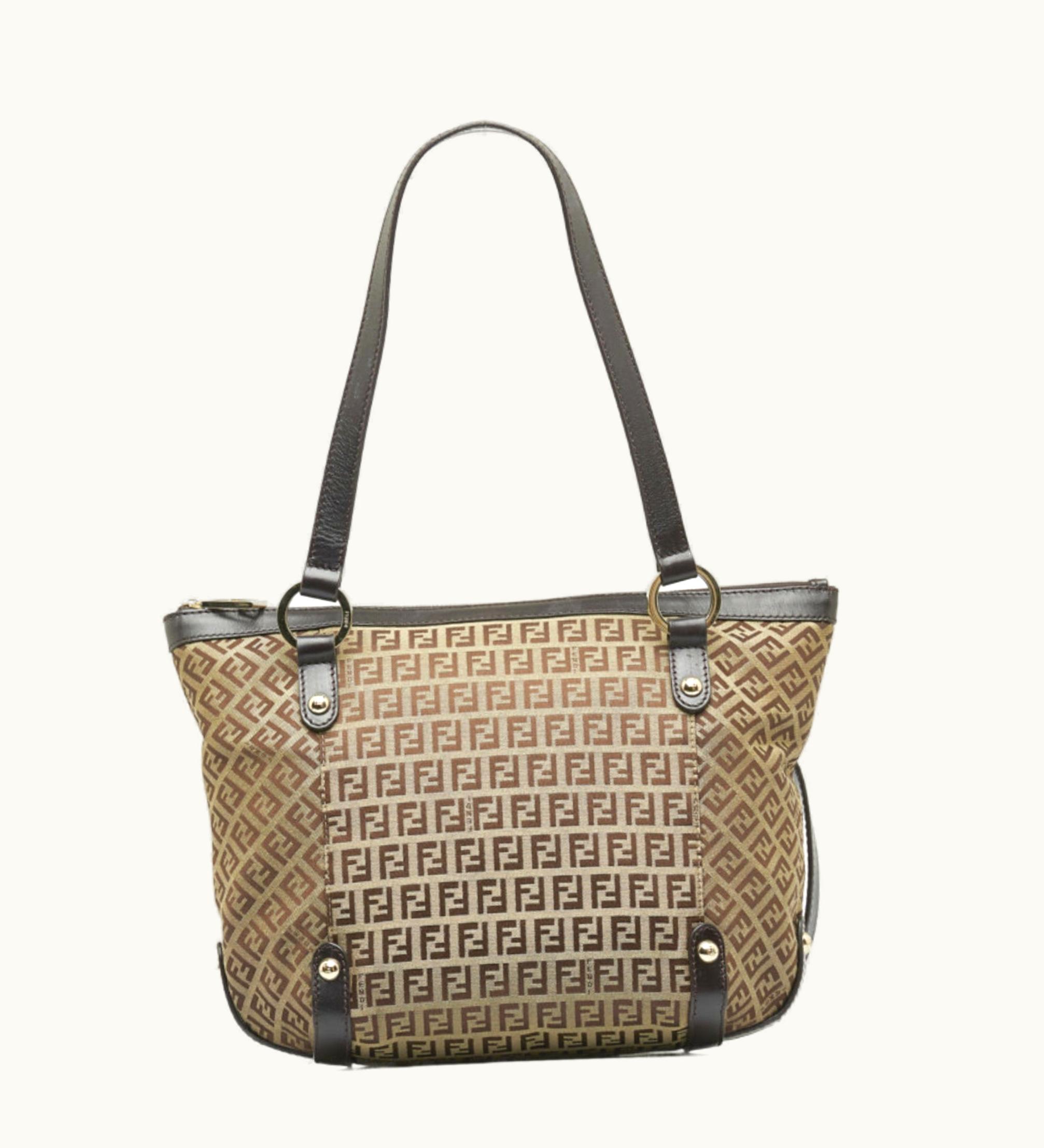 Fendi Fendi Zucchino Handbag Tote Bag 8Bh196 Beige Brown Canvas Leather Women's