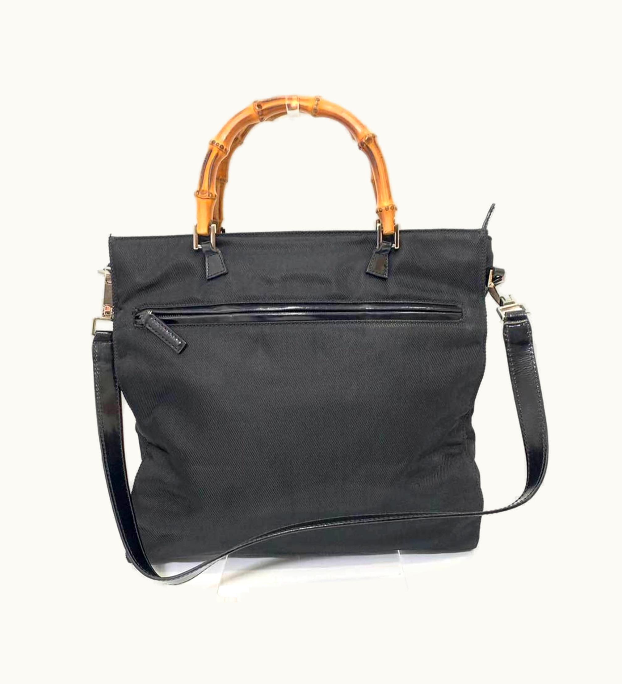 Gucci Gucci Bag Bamboo Handbag Black X Brown 2Way Square Ladies Nylon Canvas Enamel Leather