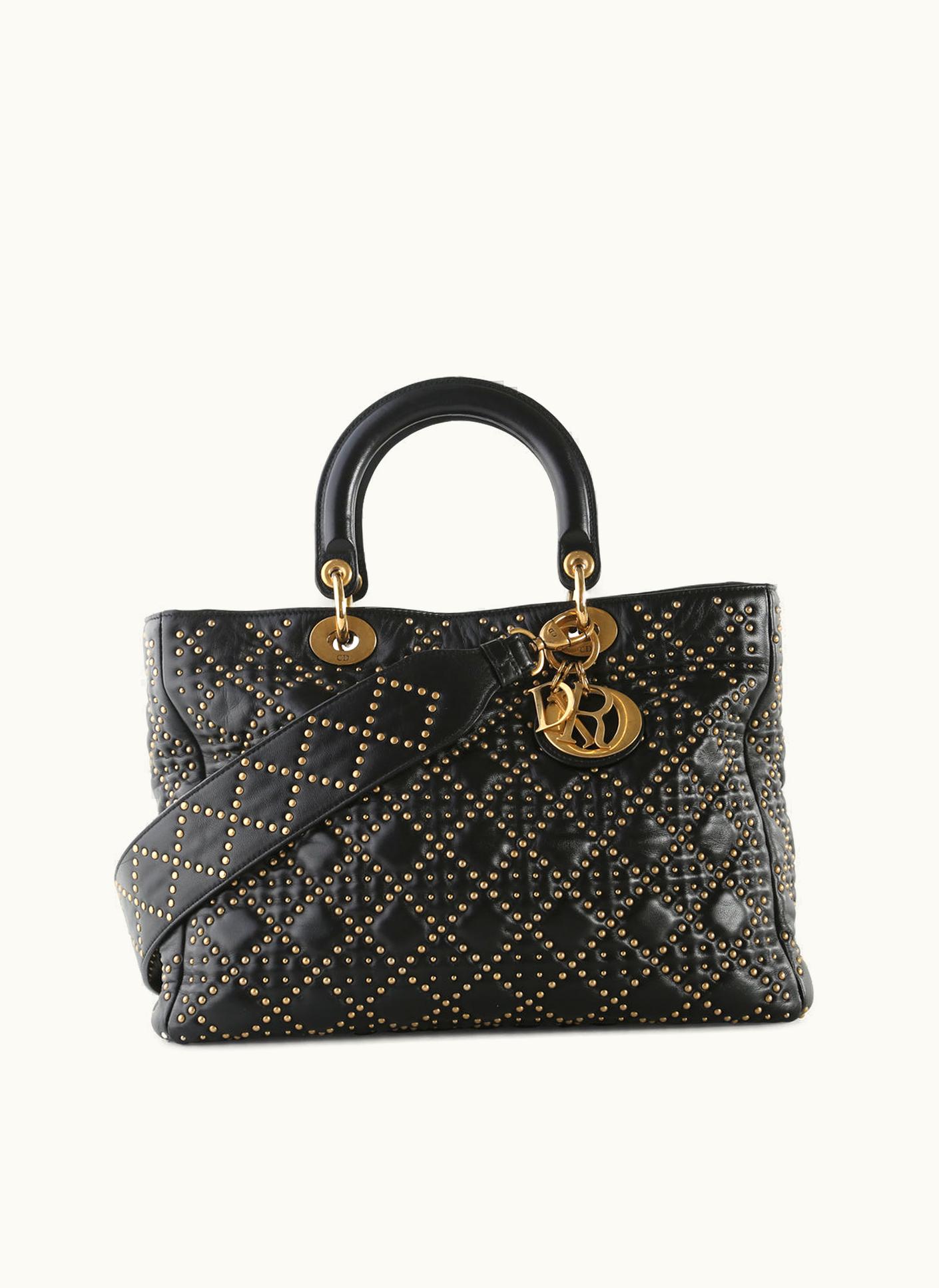 Dior Dior Christian Dior Supple Black Cannage Studded Leather Lady Dior Large Bag With Long Strap