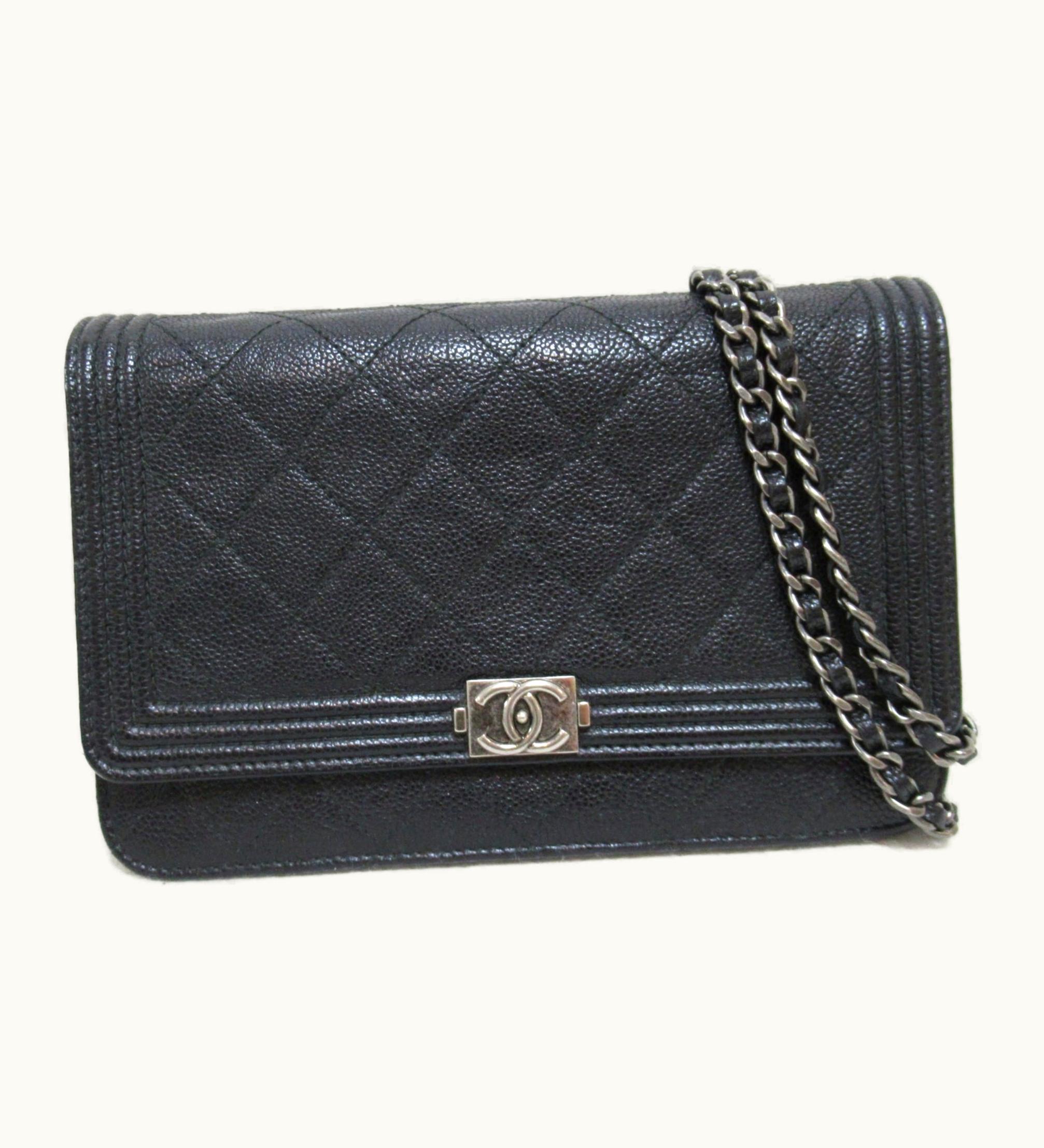 Chanel Chanel Boy Chanel Chain Wallet Women's Black Caviar Skin
