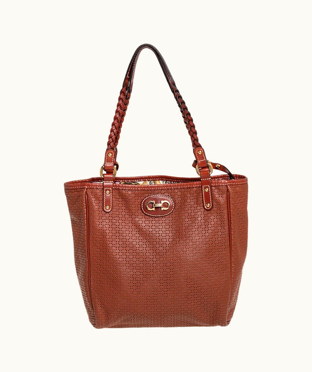 Salvatore Ferragamo Salvatore Ferragamo Brown Perforated Leather Braided Handle Tote