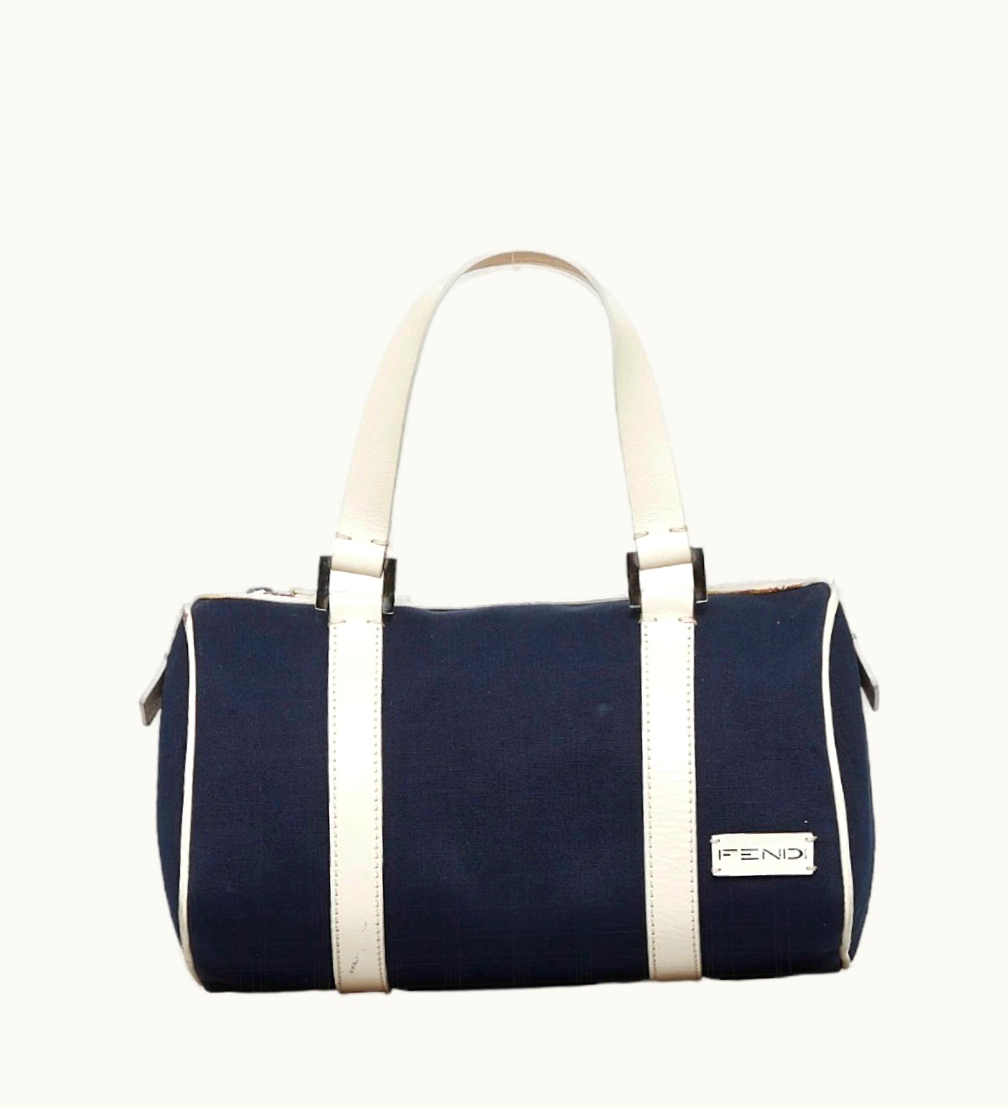 Fendi Fendi Handbag Navy White Canvas Leather Ladies