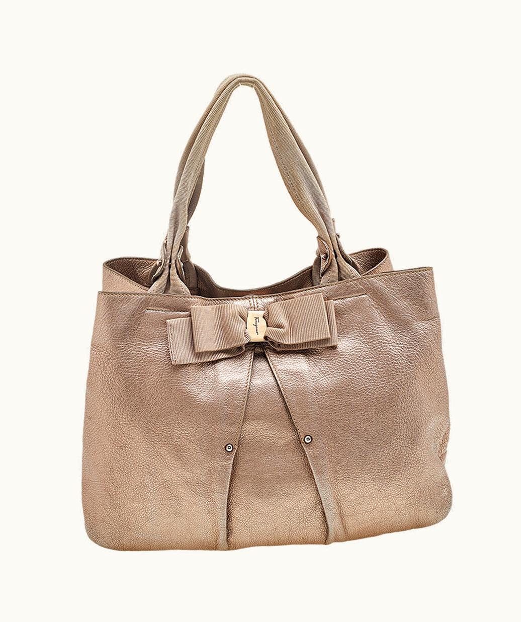 Salvatore Ferragamo Salvatore Ferragamo Metallic Bronze Leather Miss Vara Bow Tote
