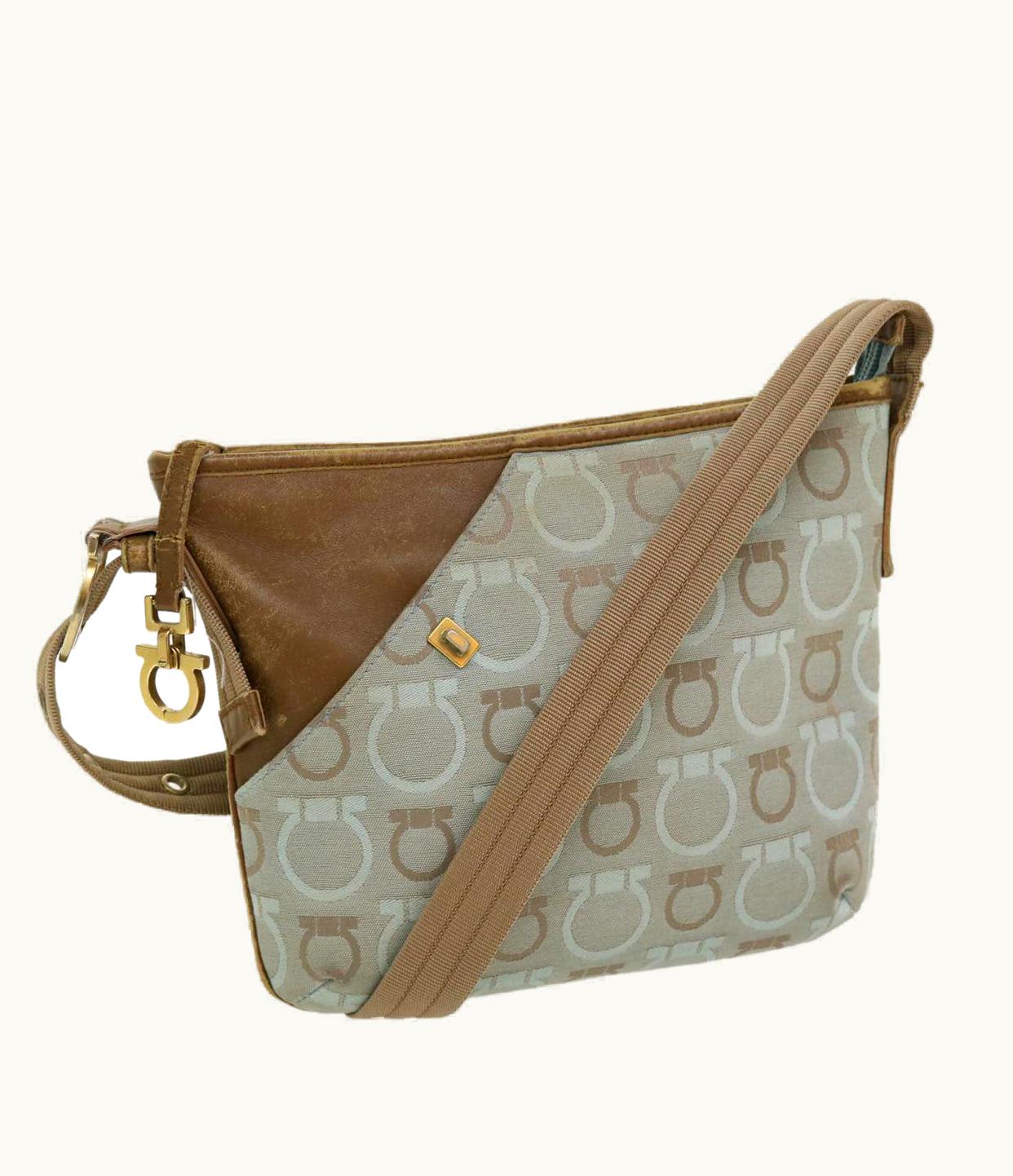 Salvatore Ferragamo Salvatore Ferragamo Gancini Shoulder Bag Canvas Beige Blue Au-21/5761