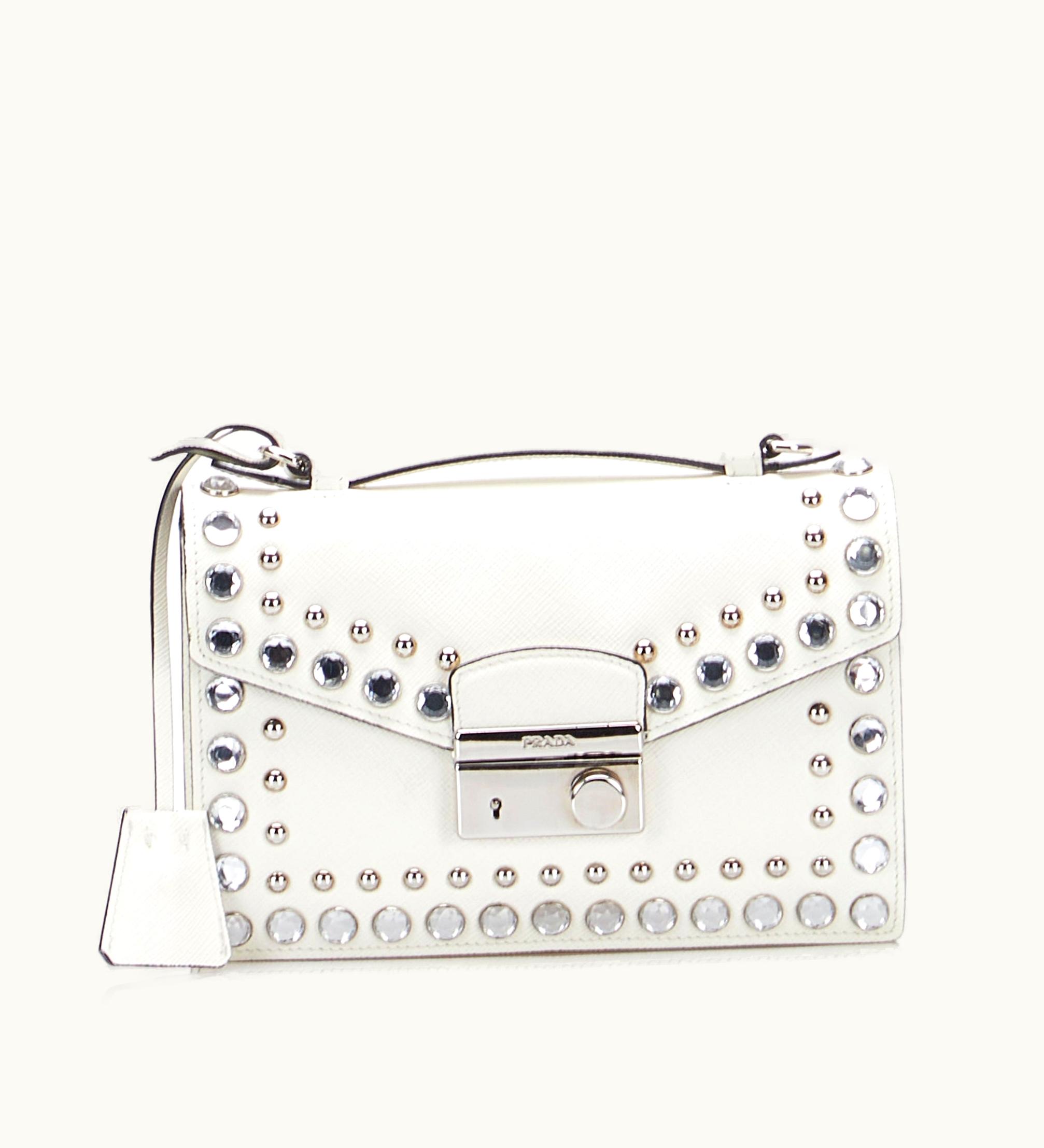 Prada Prada Studded Saffiano Sound Lock Satchel White