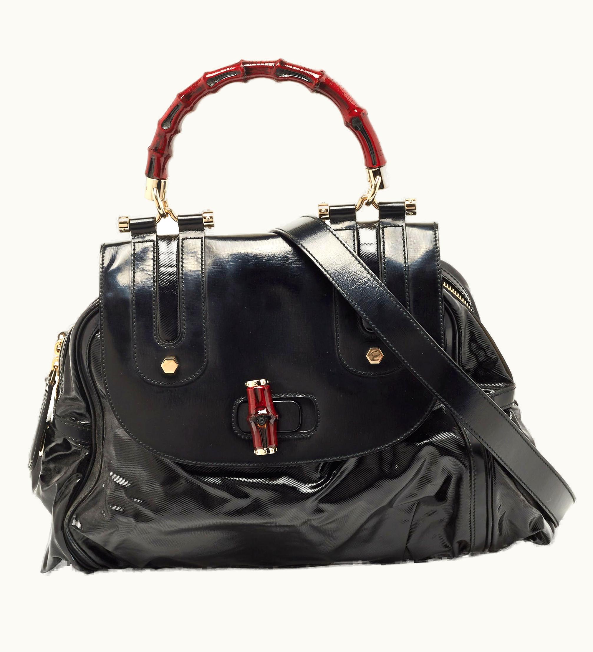 Gucci Gucci Black Coated Nylon And Leather Dialux Pop Bamboo Top Handle Bag
