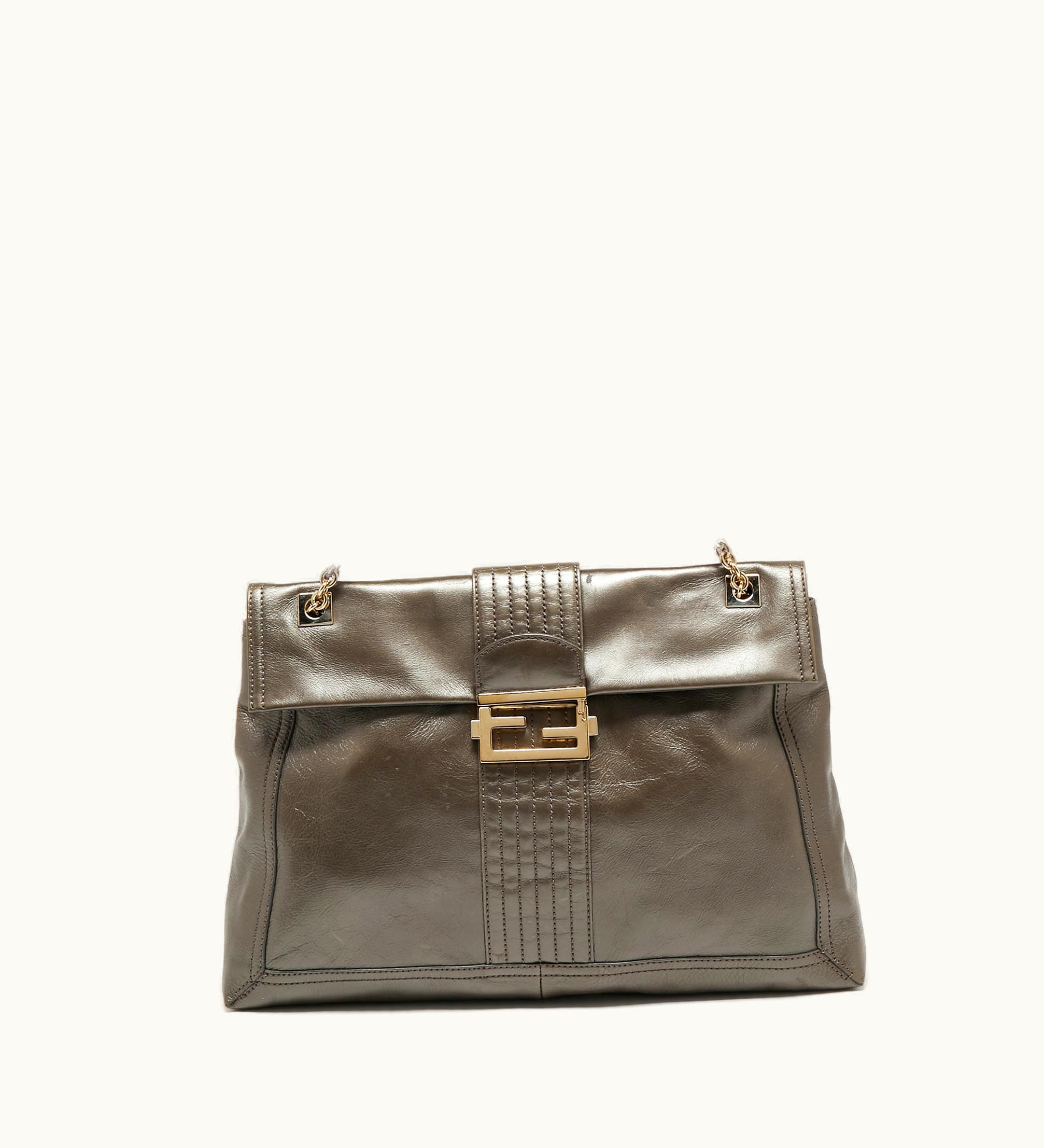 Fendi Fendi Metallic Grey Leather Maxi Studded Baguette Flap Shoulder Bag