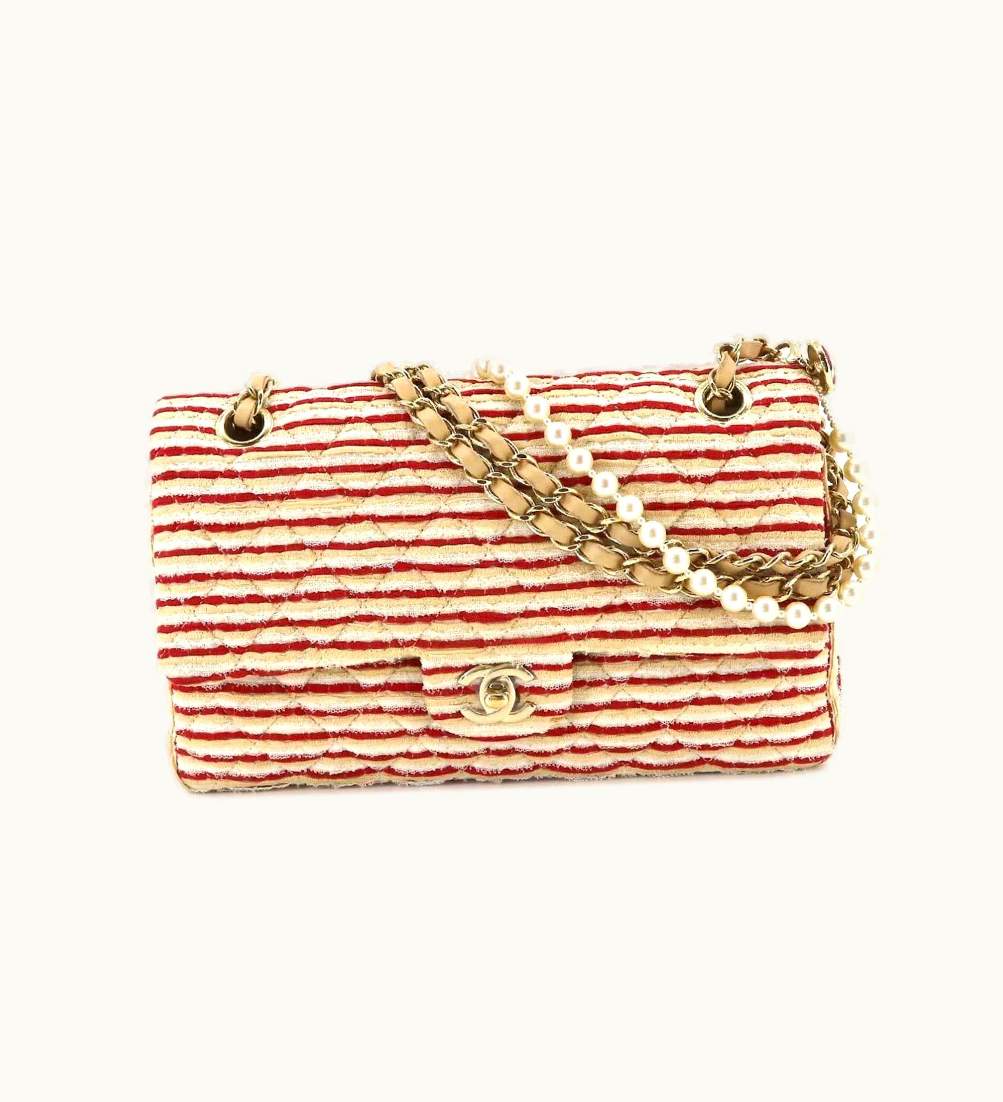 Chanel Chanel Coco Sailor Matelasse Chain Shoulder Bag Pearl Strap Canvas Leather Beige Red Border A90100