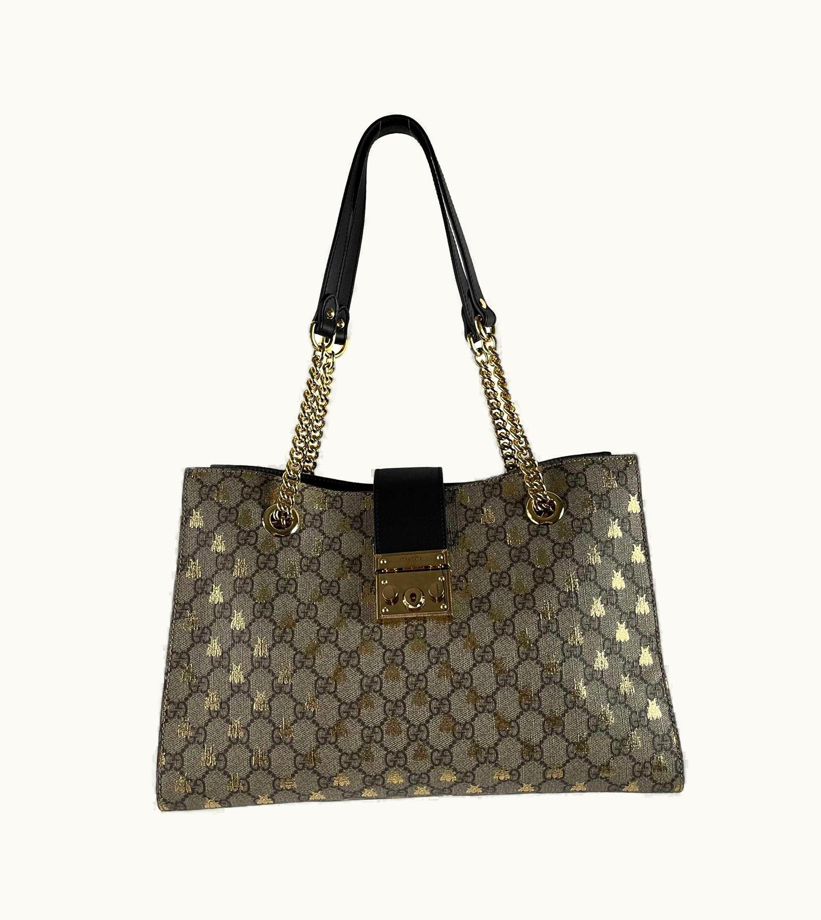 Gucci Gucci Padlock Chain Tote GG Supreme Monogram Bees Medium Brown Handbag Excellent
