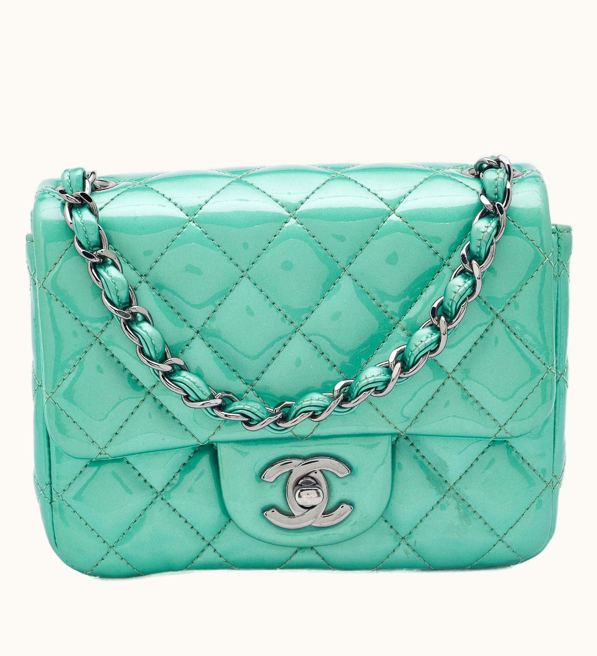 Chanel Light Green Quilted Patent Leather Mini Square Classic Single Flap