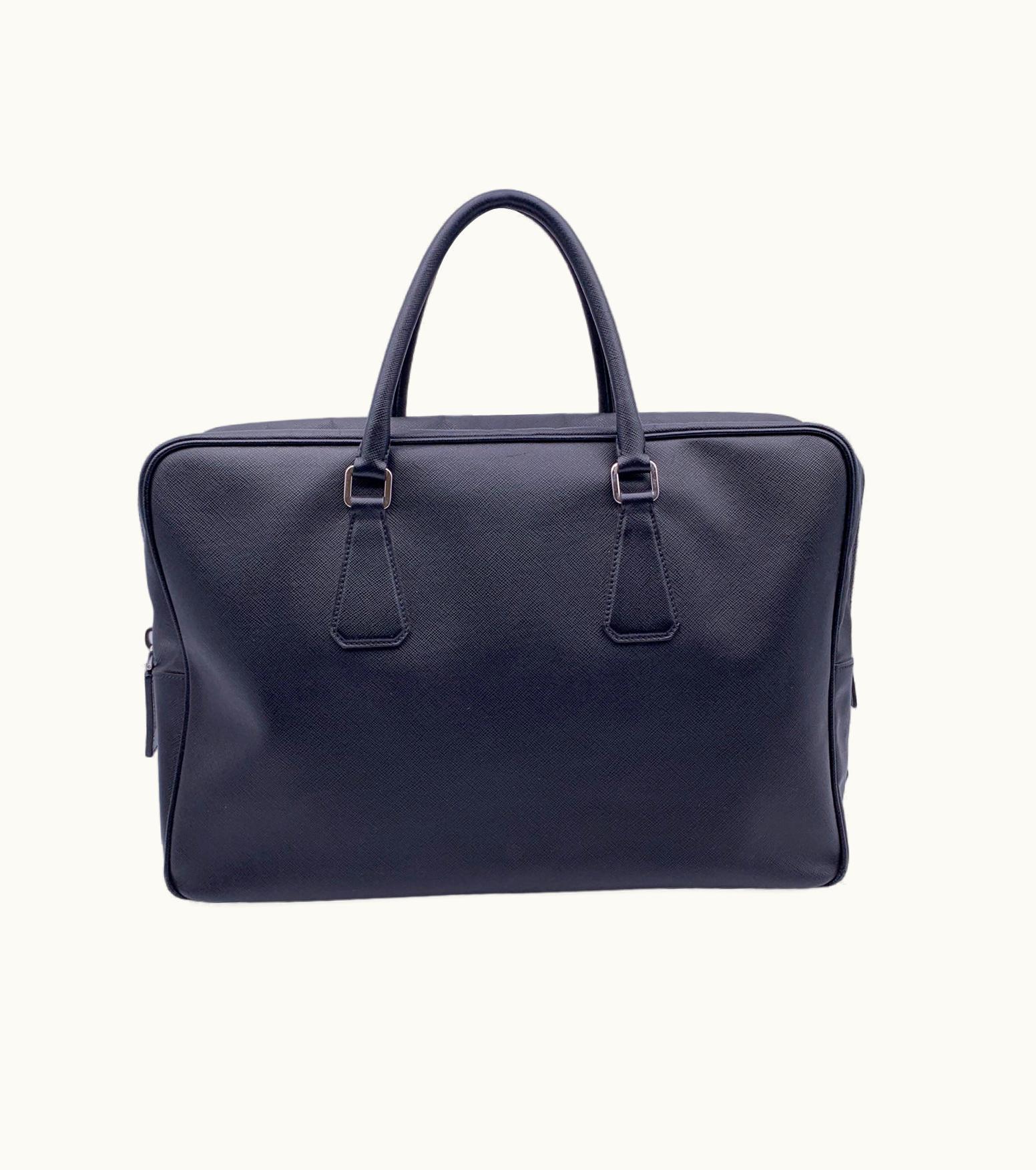 Prada Black Saffiano Leather Zip Top Briefcase Satchel Work Bag