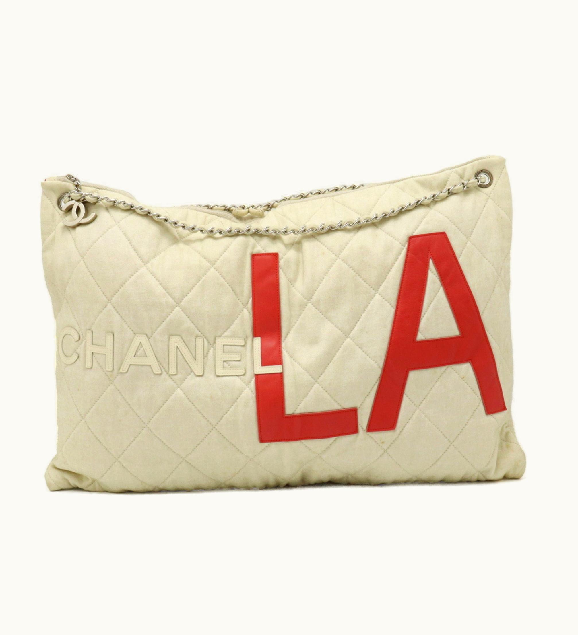 Chanel La Cruise Line Chain Shoulder Bag Cotton Jersey Lame Ivory Red