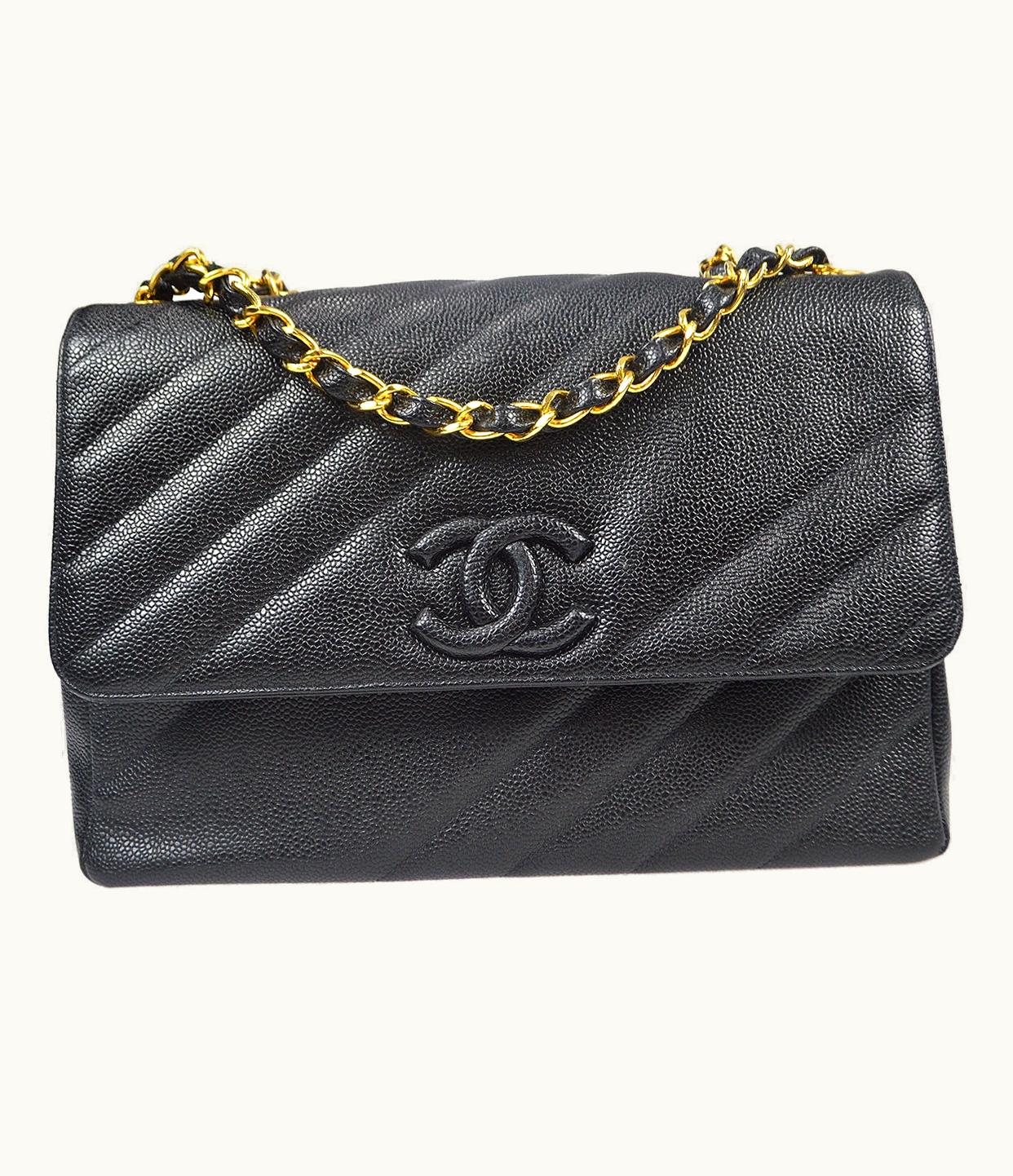 Chanel 1994-1996 Diagonal Stitch Straight Flap Jumbo Black Caviar 88112