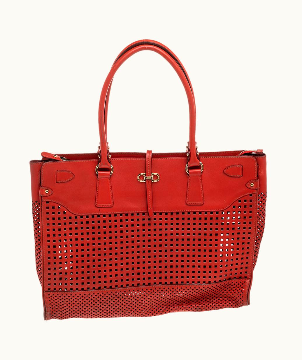 Salvatore Ferragamo Orange Perforated Leather Briana Tote