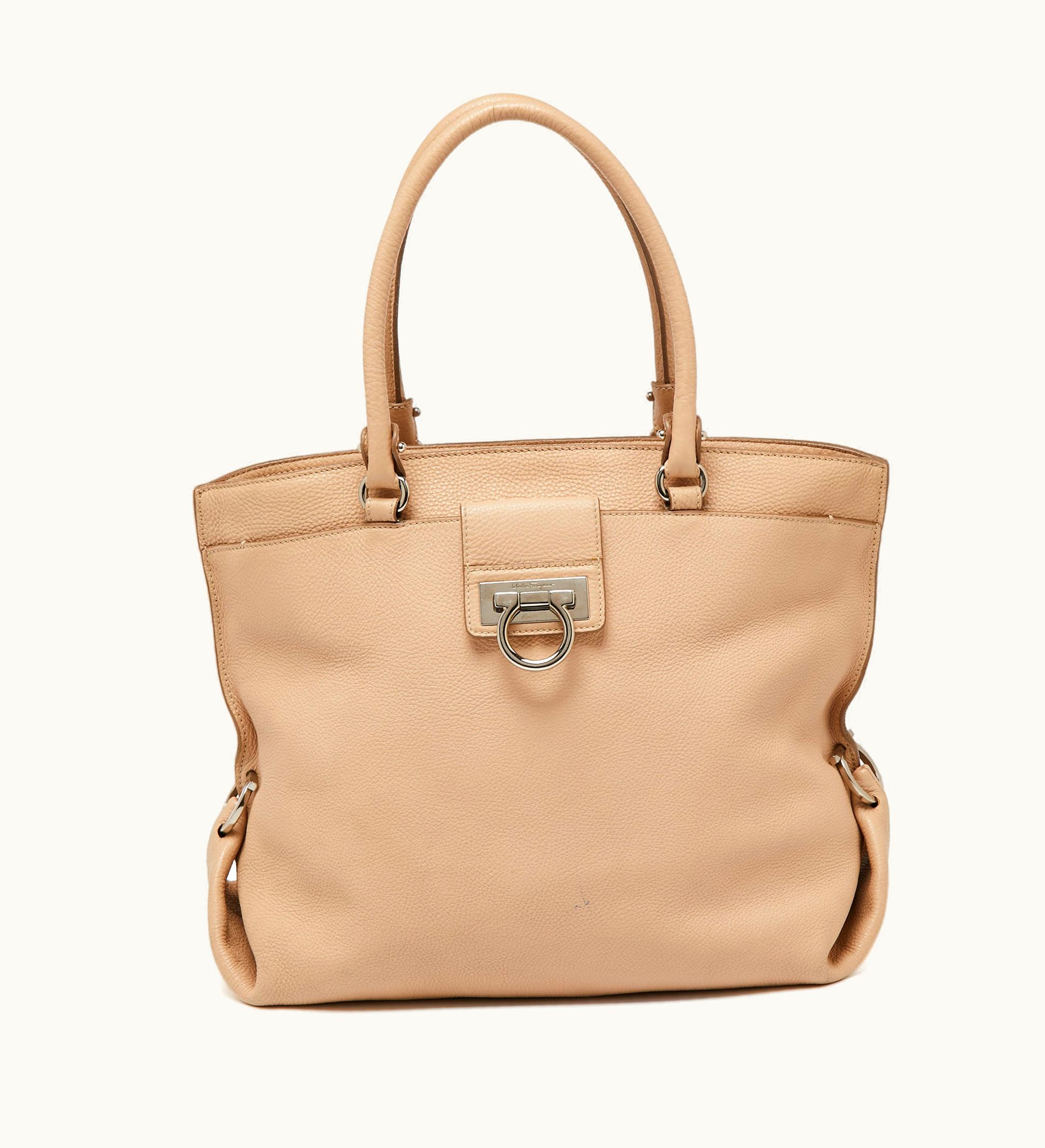Salvatore Ferragamo Beige Pebbled Leather Dotty Tote