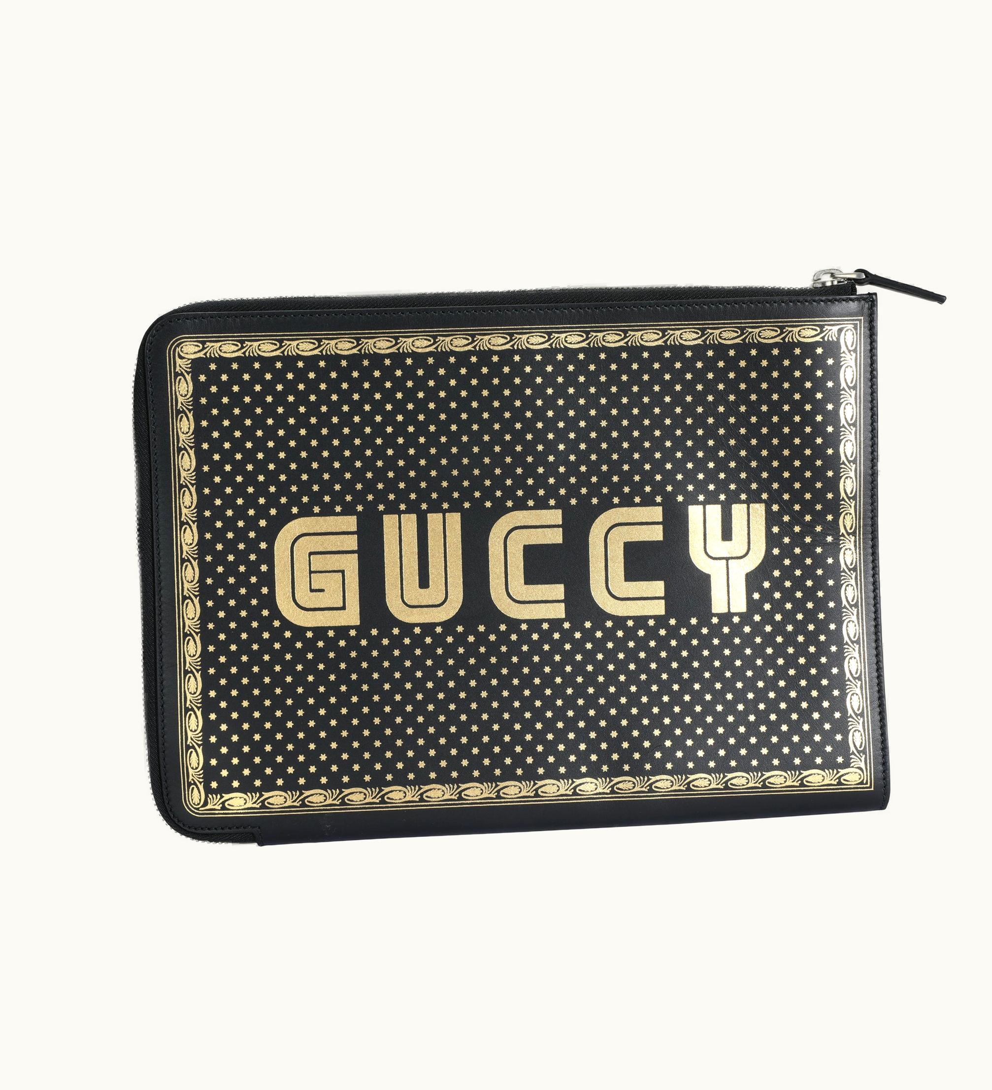 Gucci Black & Gold Magnetismo Print Leather Pouch