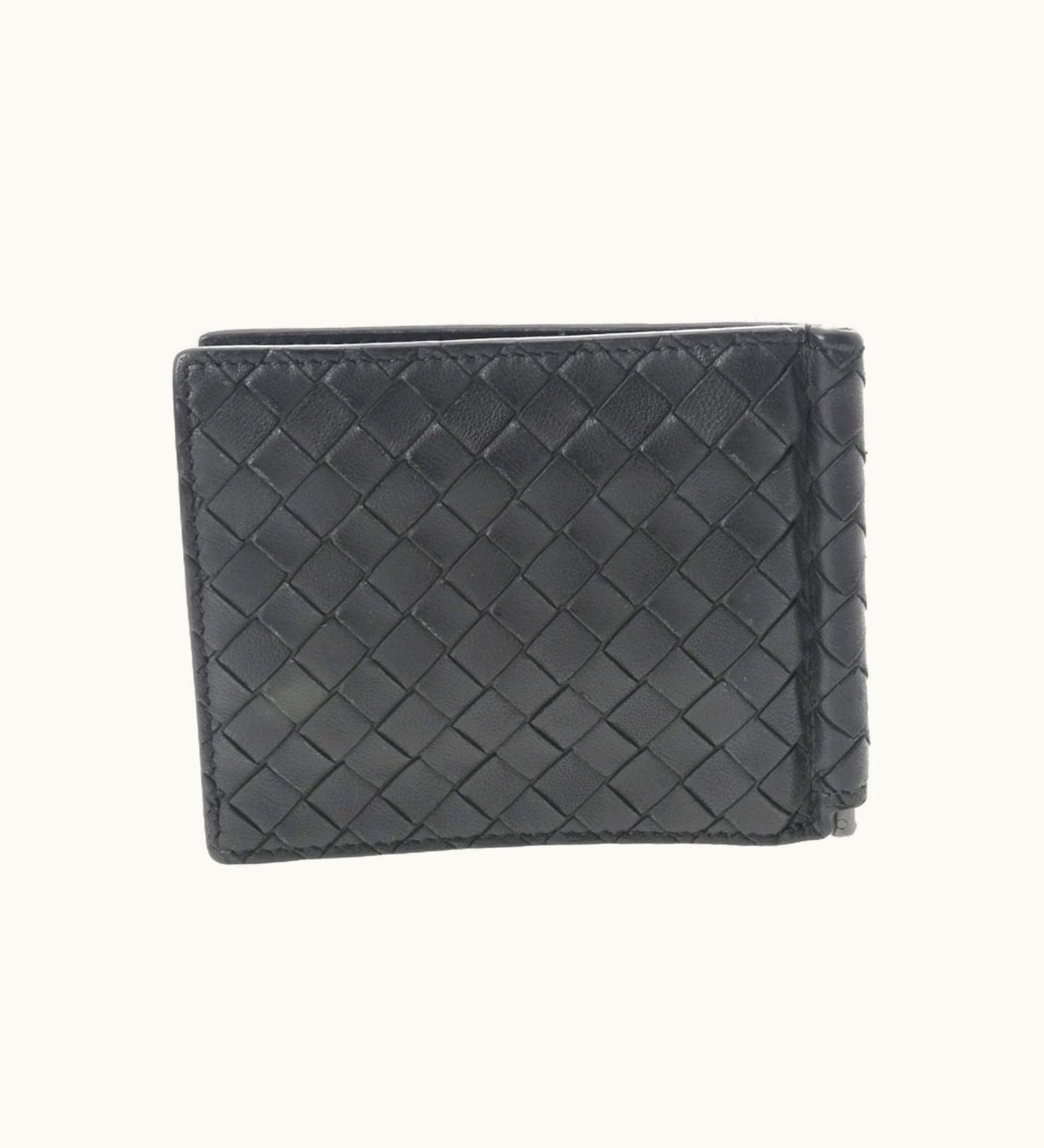Bottega Veneta Intrecciato Money Clip Wallet Black Unisex Calf Bifold