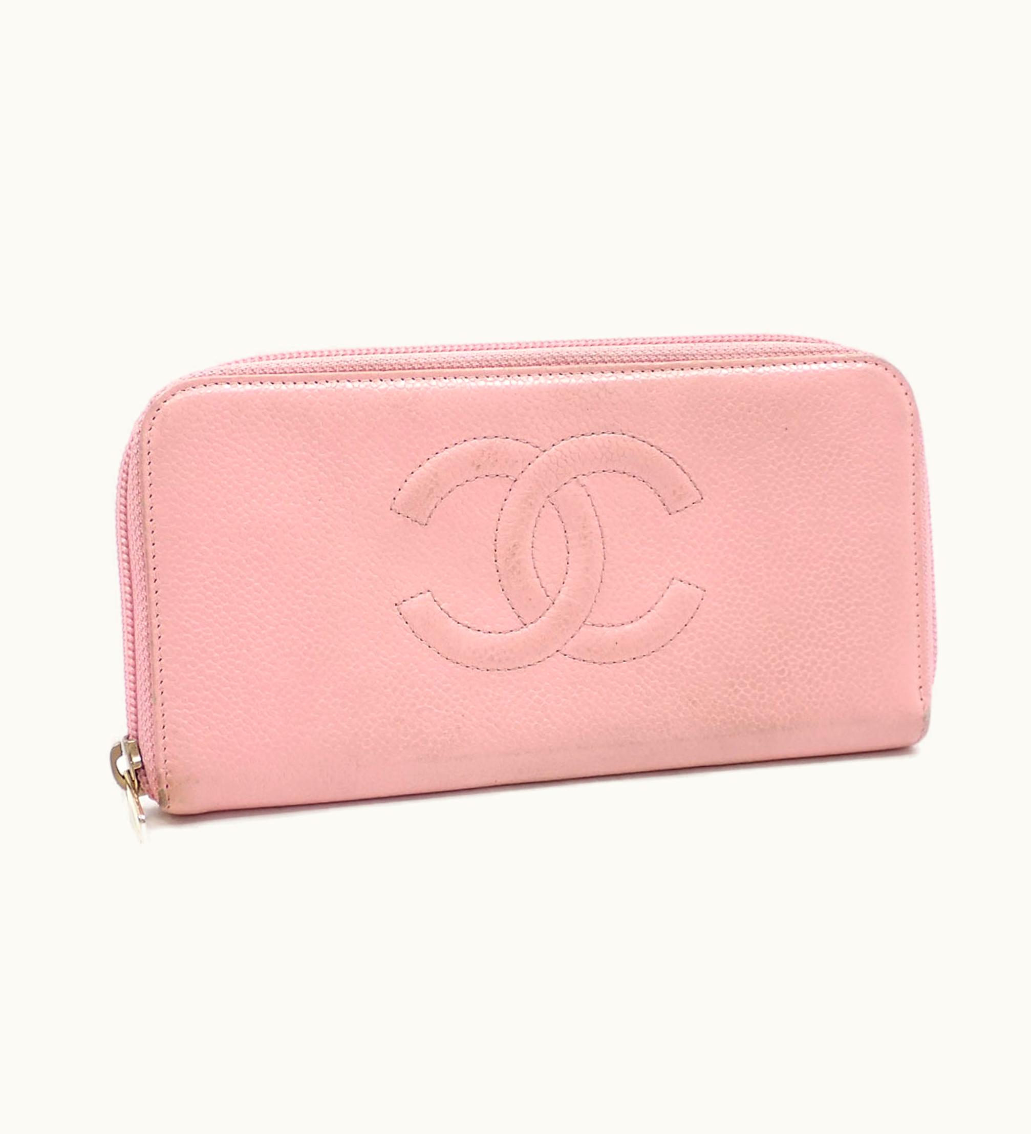 Chanel Round Long Wallet Ladies Pink Caviar Skin Here Mark