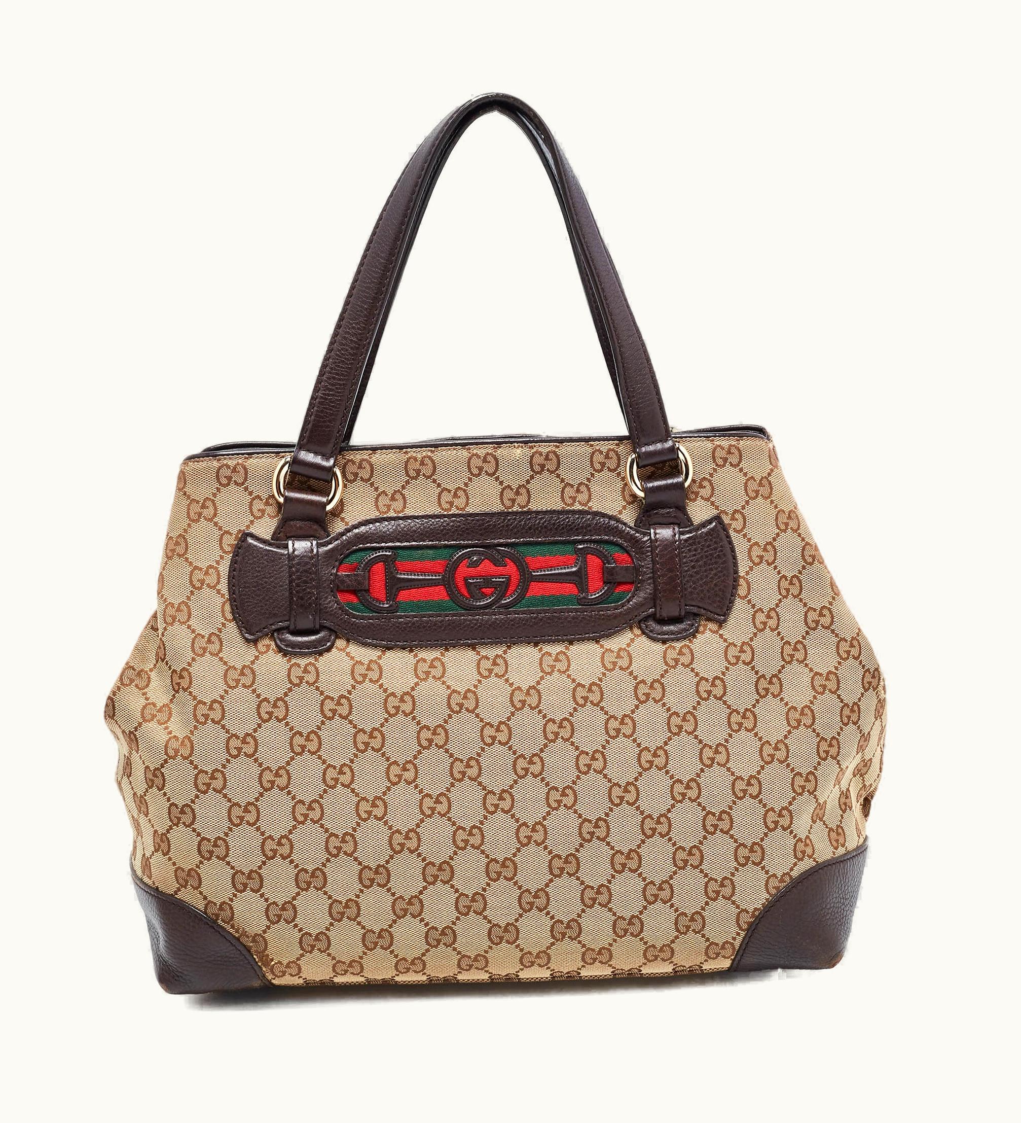 Gucci Brown/Beige GG Canvas And Leather Medium Supreme Web Dressage Tote