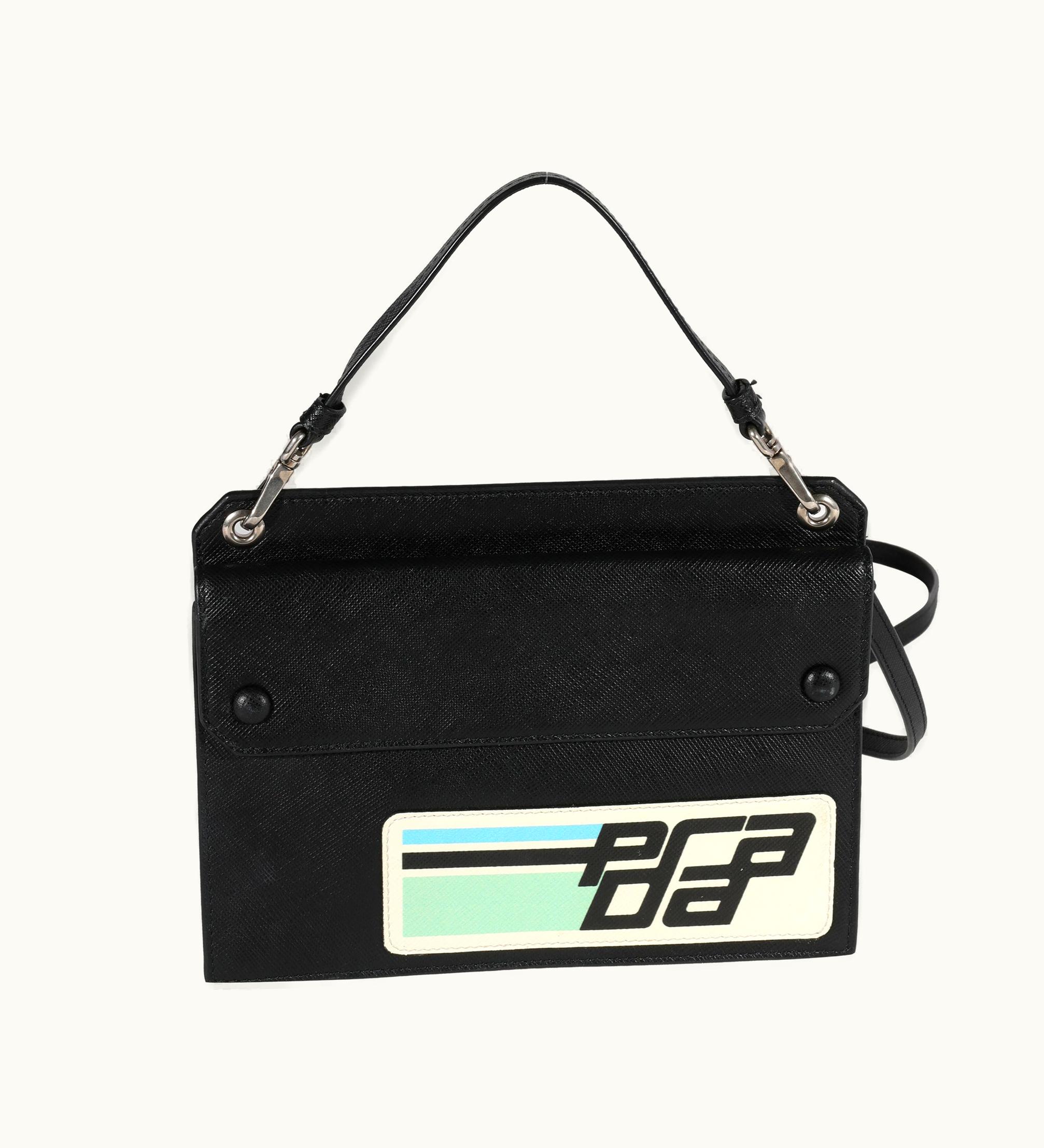 Prada Black Saffiano Leather Retro Logo Flat Crossbody