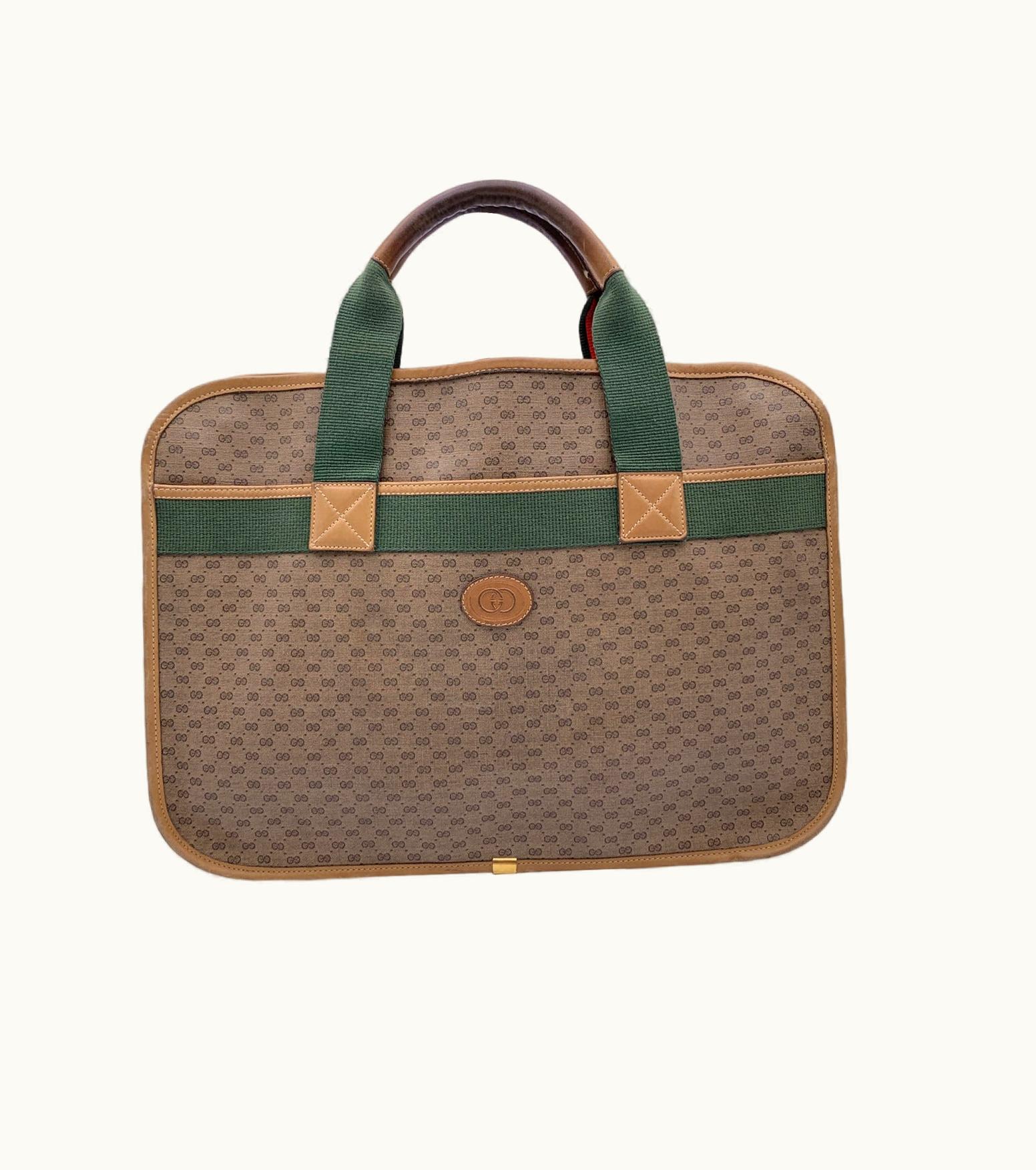 Gucci Vintage Beige Monogram Canvas Web Briefcase Handbag