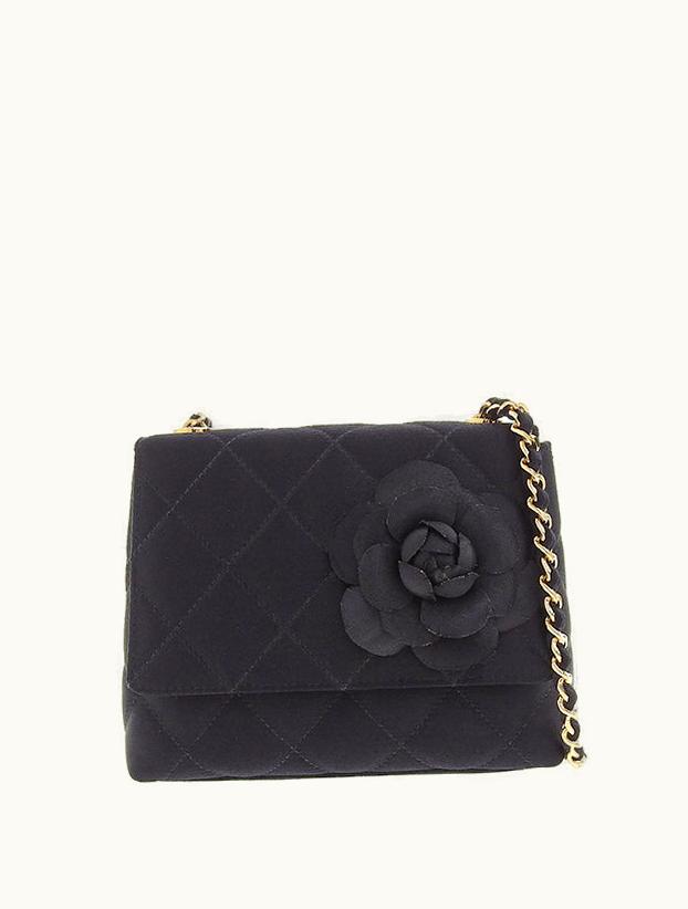 Chanel Around 1997 Made Silk Satin Camellia Motif Mini Chain Bag Black