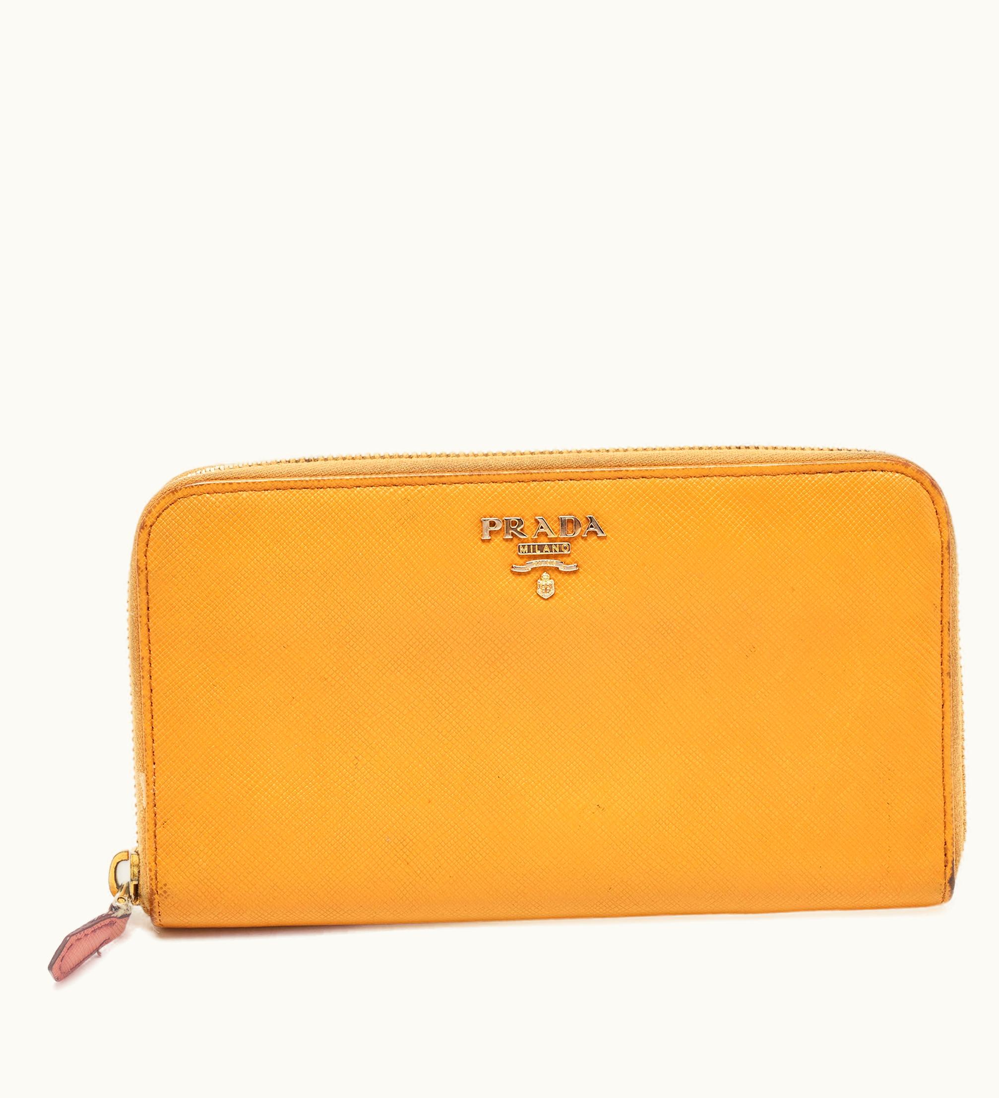 Prada Mustard Saffiano Lux Leather Zip Around Continental Wallet