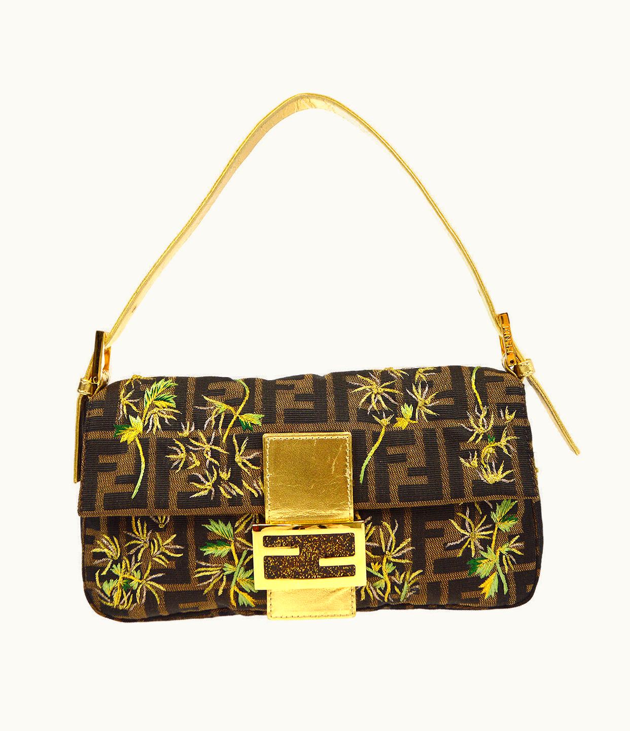Fendi Embroidered Zucca Baguette Handbag Brown Gold 97872