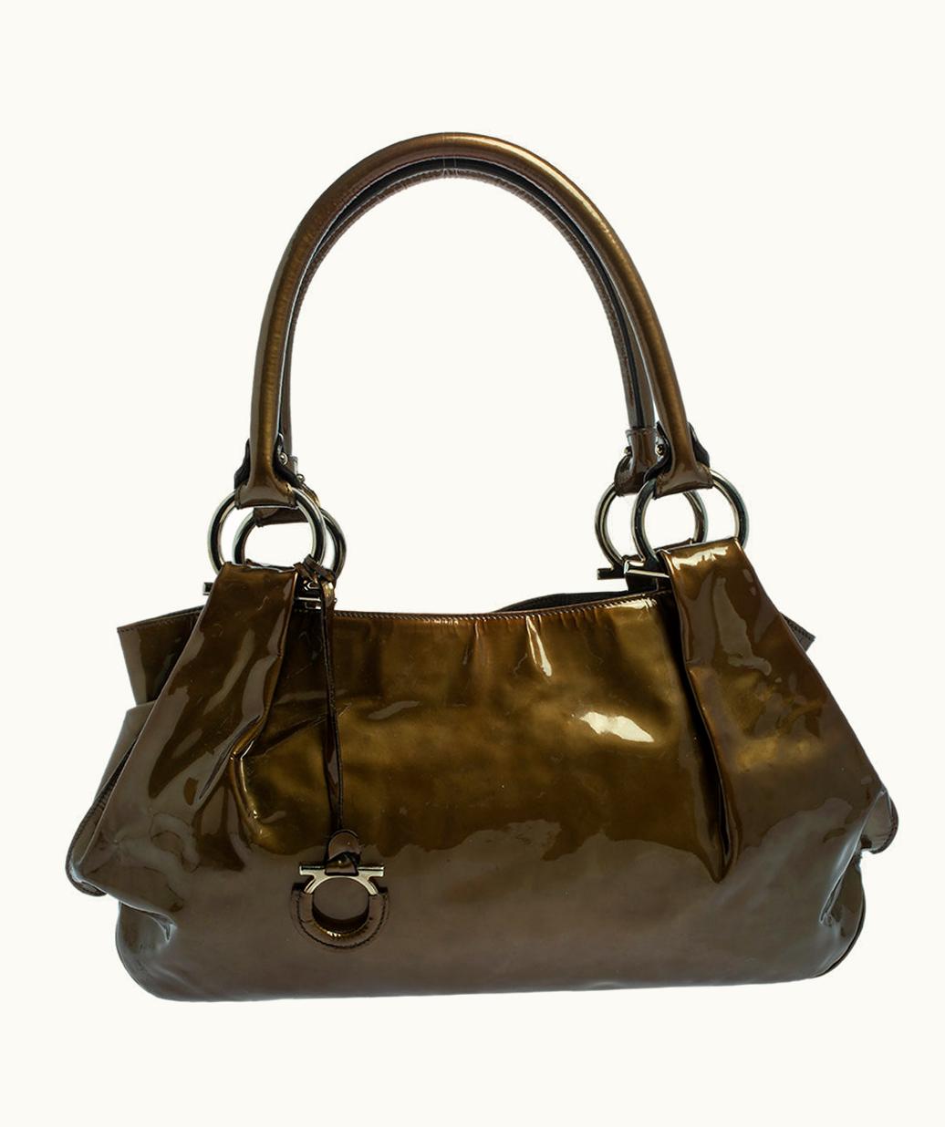 Salvatore Ferragamo Olive Green Patent Leather Shoulder Bag