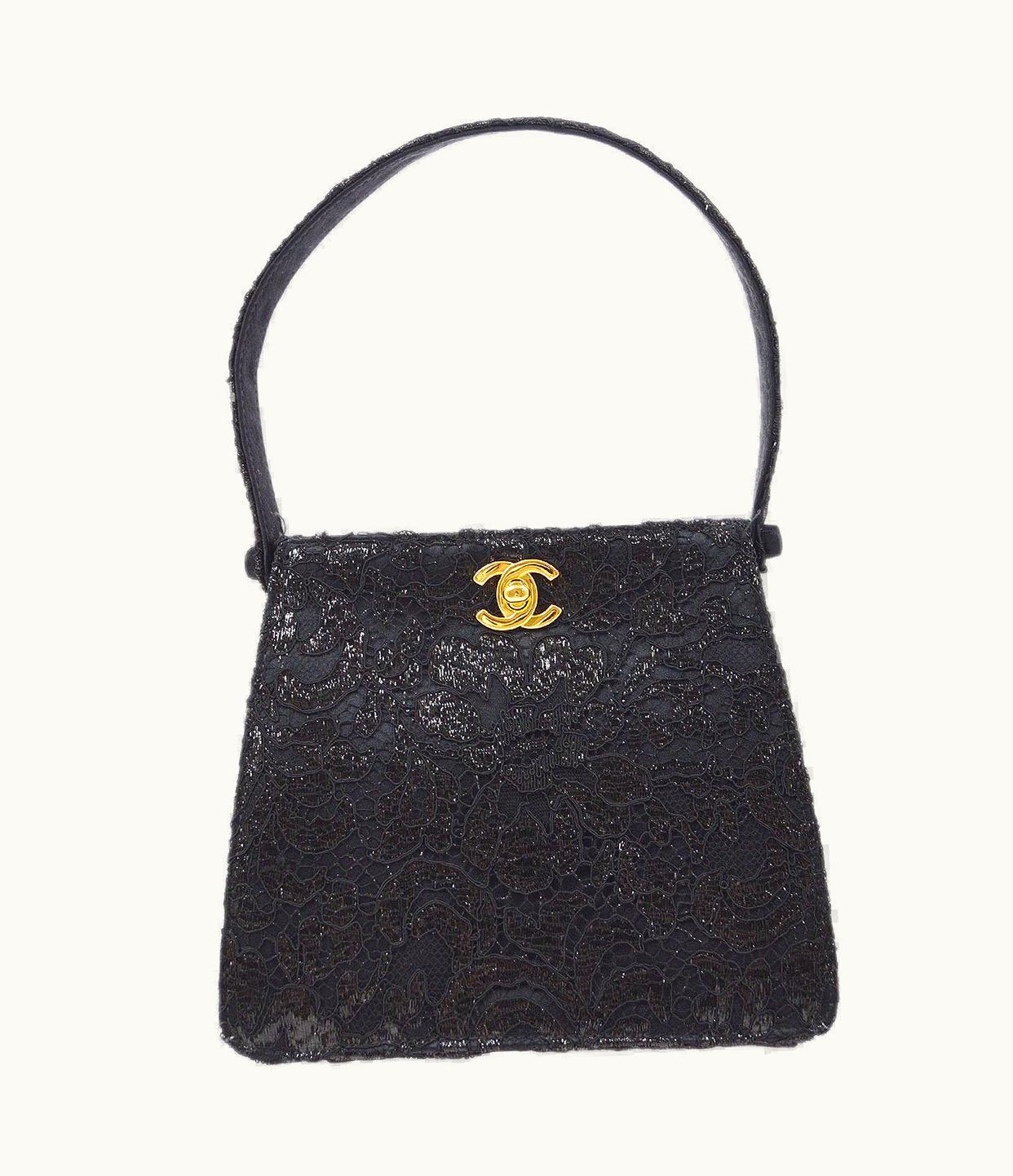 Chanel 1997-1999 Black Satin Lace Both Side Turnlock Handbag 81287