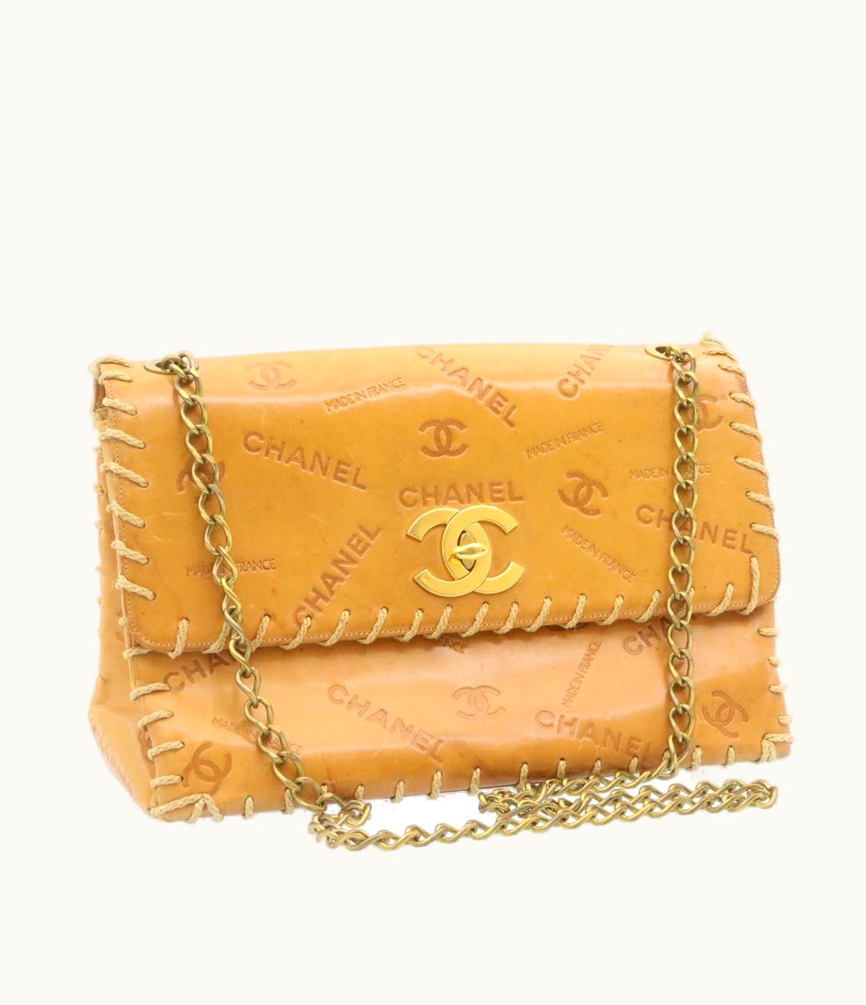 Chanel Raffia Chain Flap Shoulder Bag Leather Beige CC
