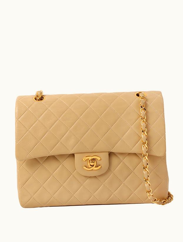 Chanel Around 1990 Made Big Square Classic Flap Chain Bag Beige