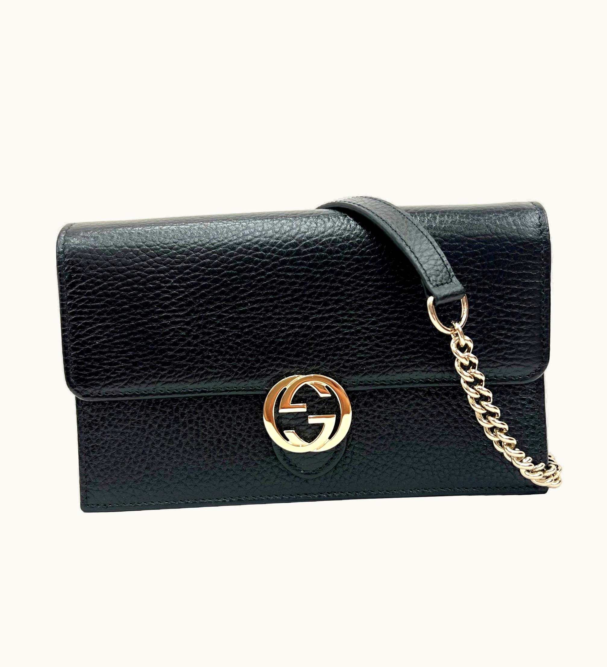 Gucci Interlocking G Chain Shoulder Bag Long Wallet Clutch Calfskin Leather Black 615523