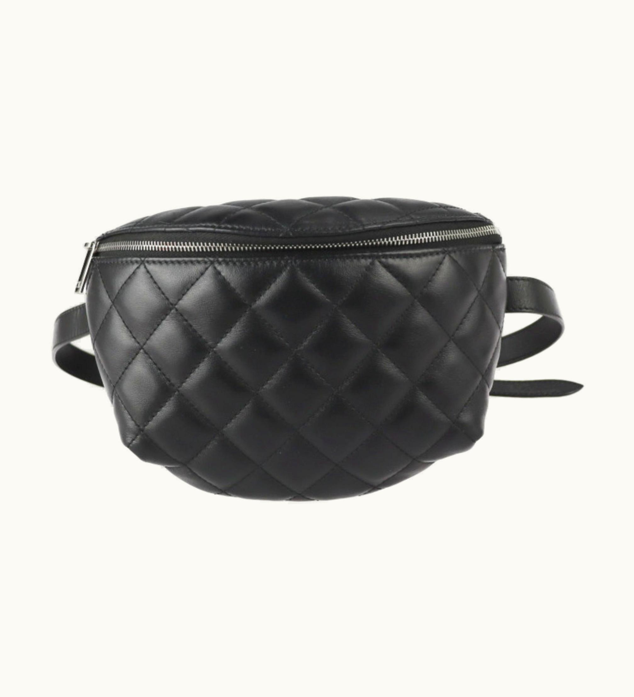 Chanel Matelasse Body Bag Lambskin Black Uniform Belt Silver Metal Fittings