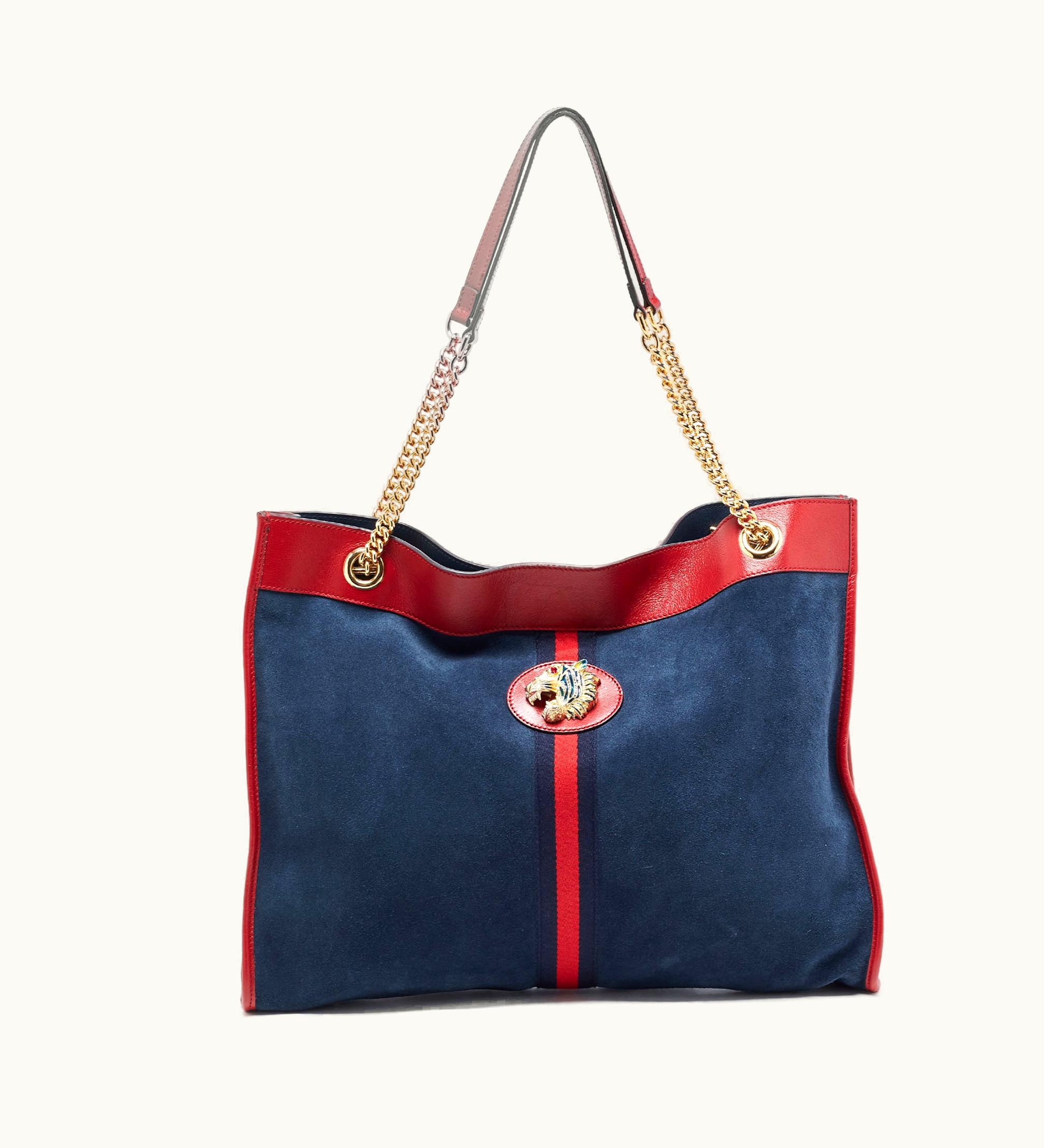 Gucci Navy Blue/Red Suede And Leather Large Rajah Tote