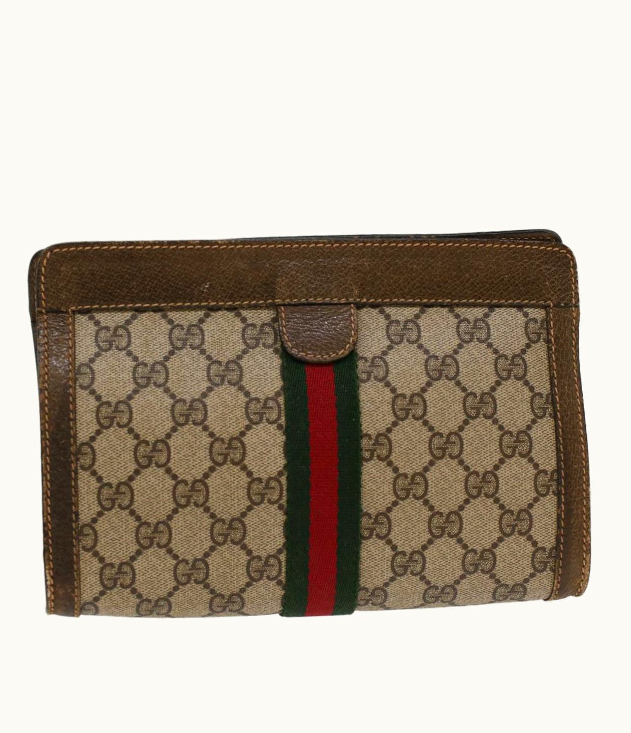 Gucci GG Canvas Web Sherry Line Clutch Bag Beige Red 67.014.2125
