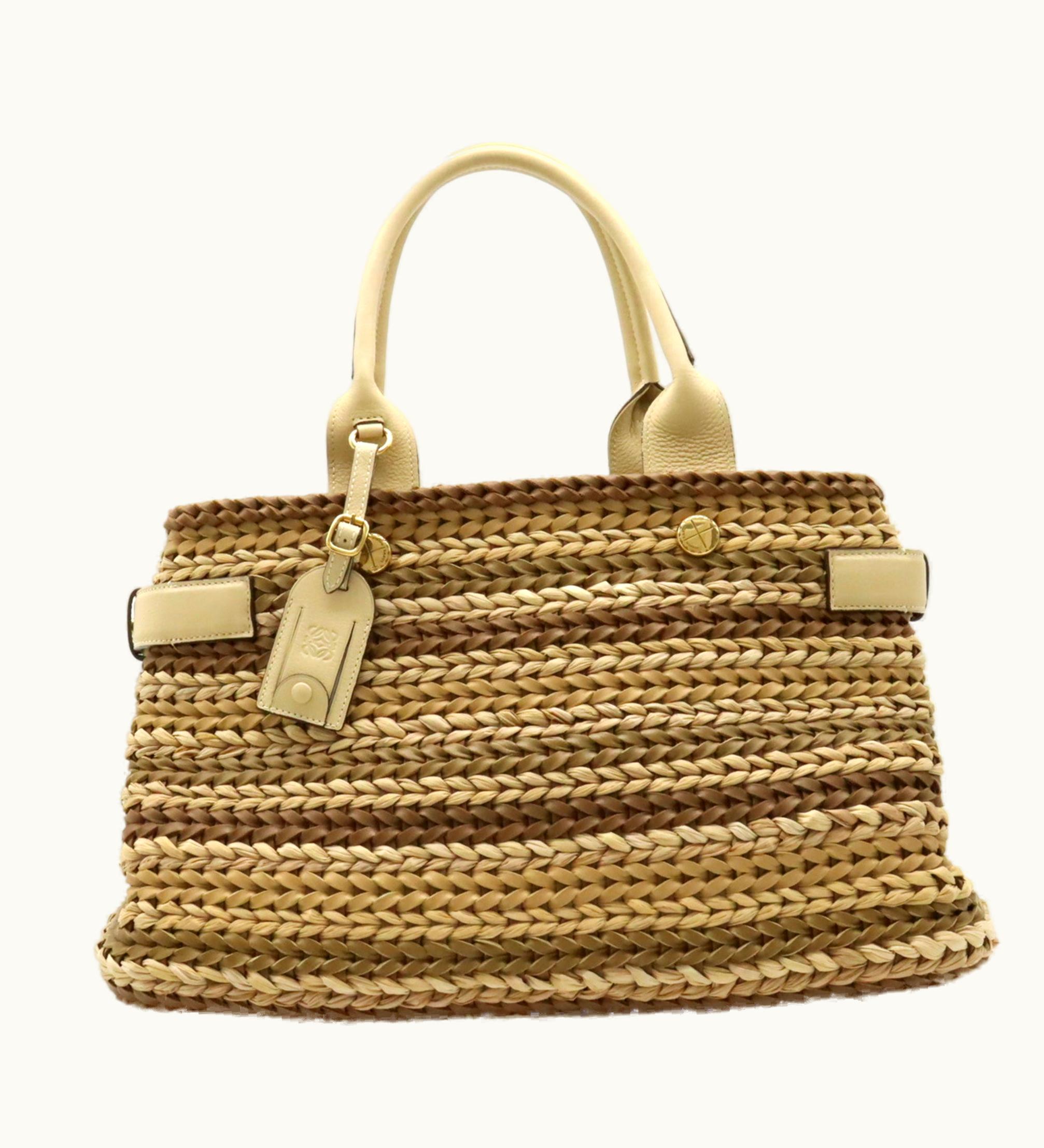 Loewe Galicia Straw Tote Bag Handbag Basket Leather Beige Brown Multicolor