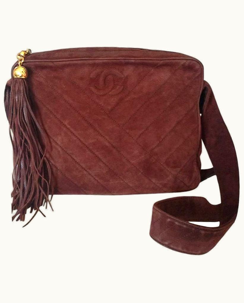 Chanel Vintage Dark Brown V Stitch Suede Leather Shoulder Bag With CC Stitch Mark And Long Tassel